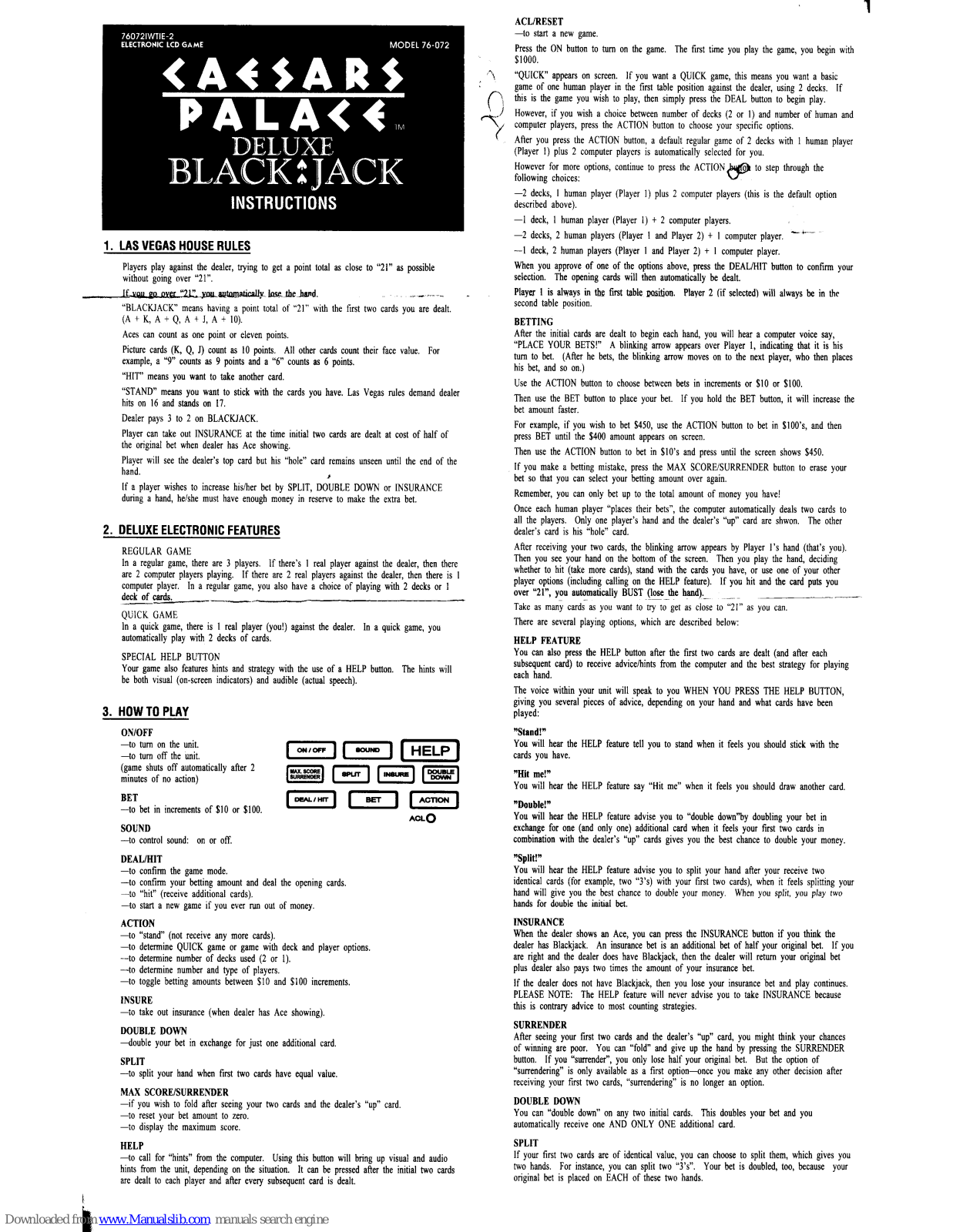 Tiger Electronic Toys 76-072, Caesars Palace Deluxe Black Jack 76-072 Instructions Manual