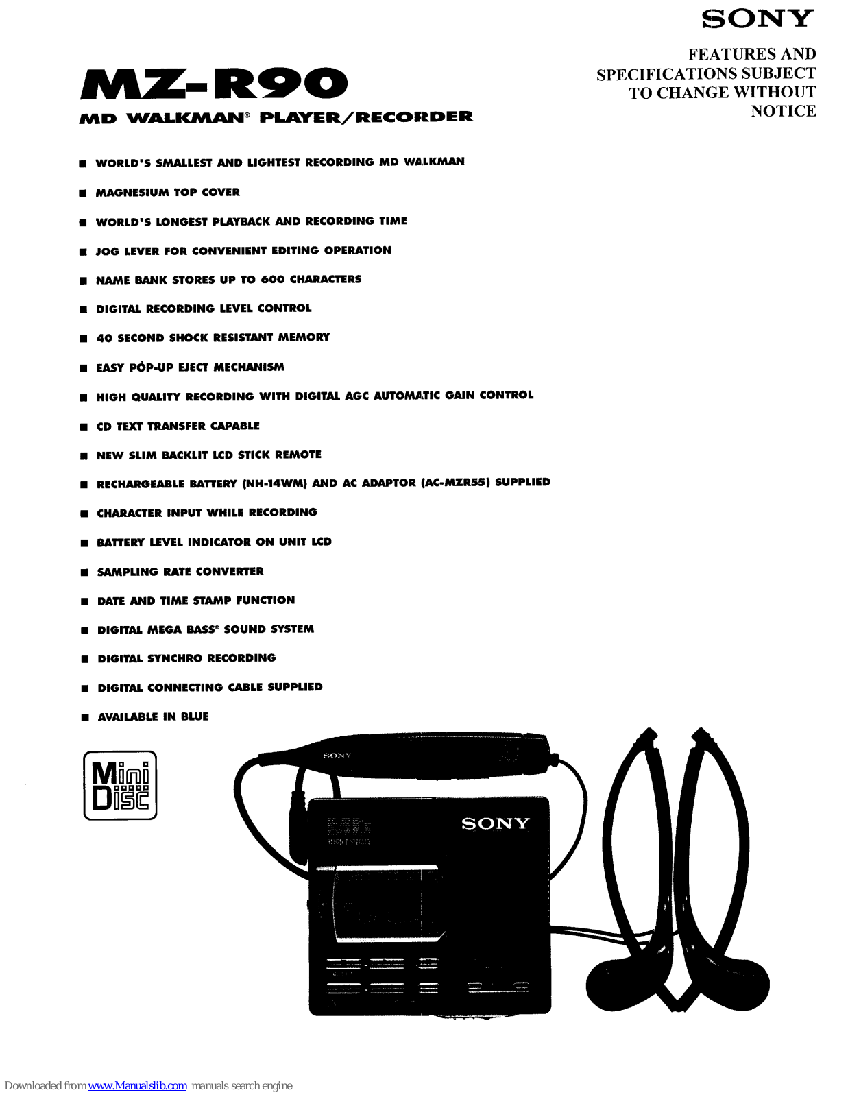 Sony MD WALKMAN MZ-R90 Specification Sheet