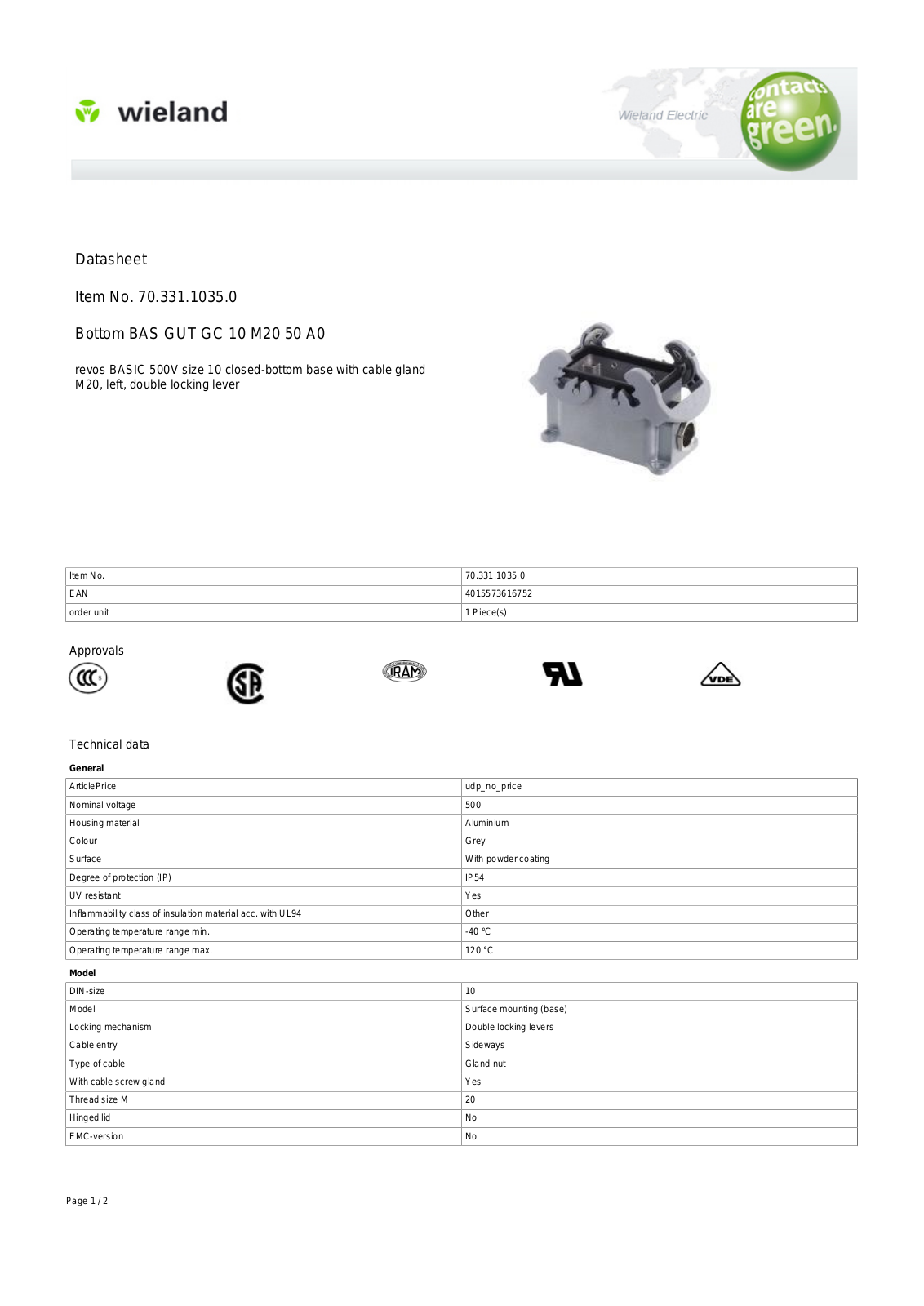 Wieland 70.331.1035.0 Data Sheet