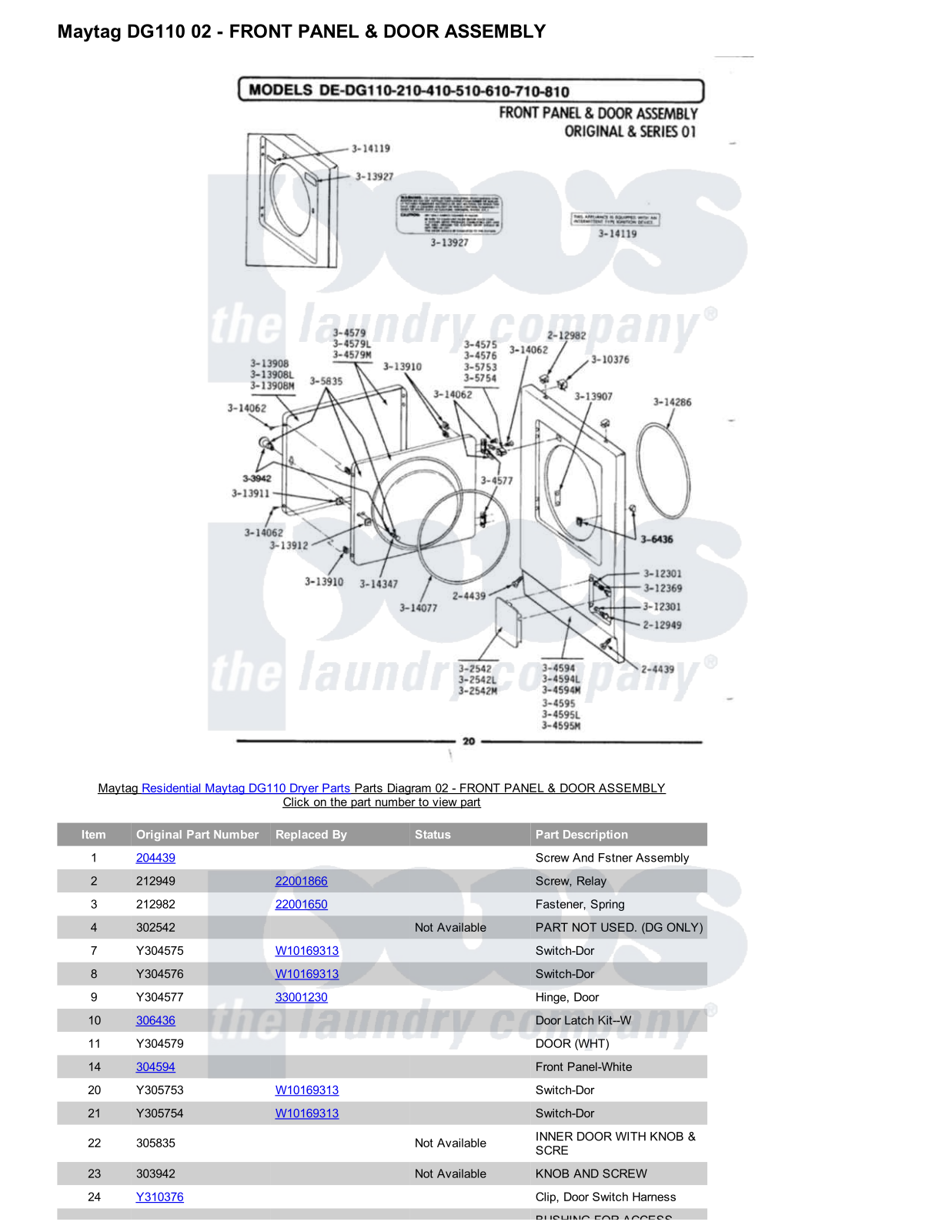 Maytag DG110 Parts Diagram