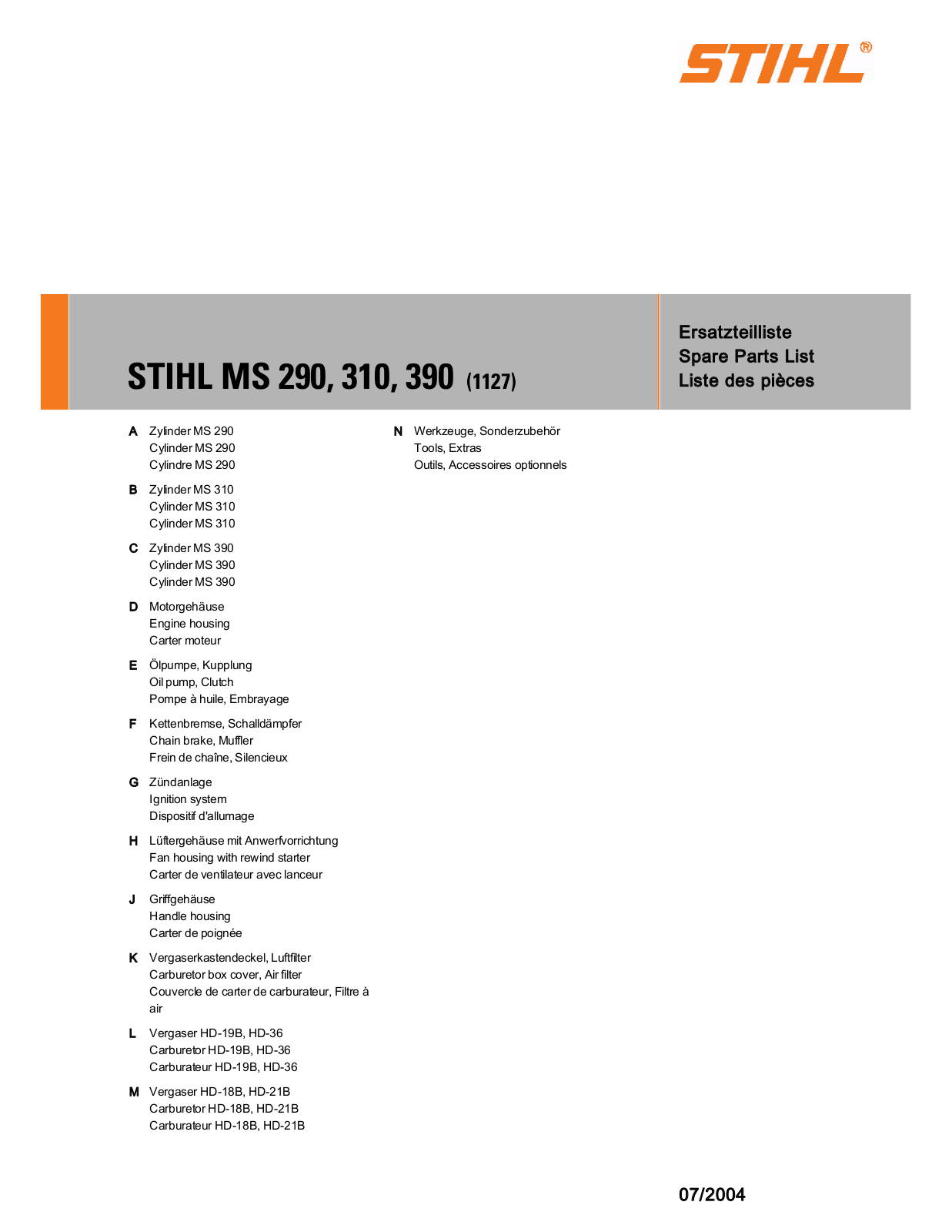 STIHL MS 290 Parts list