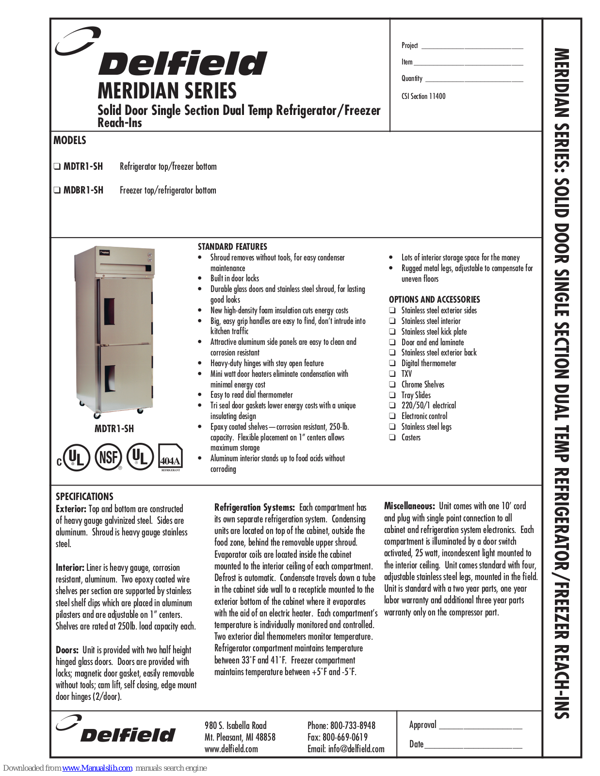 Delfield Meridian MDBR1-SH, Meridian MDTR1-SH Specifications