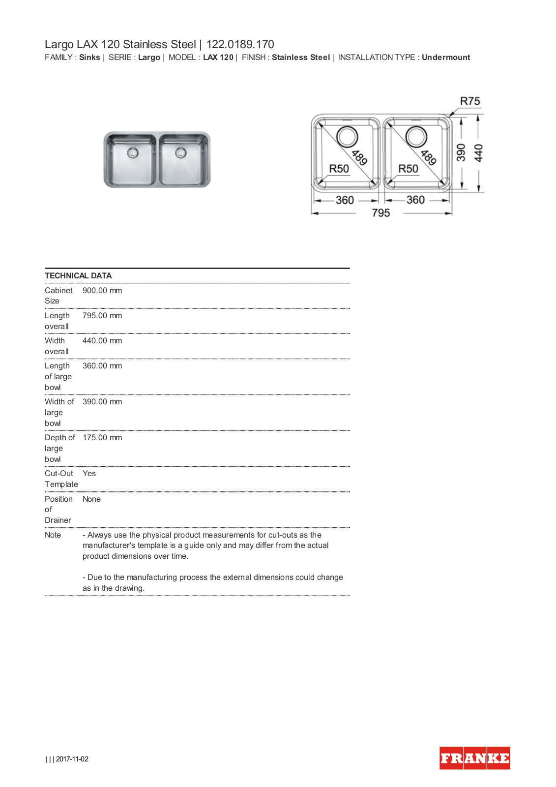 Franke LAX120 Specifications Sheet