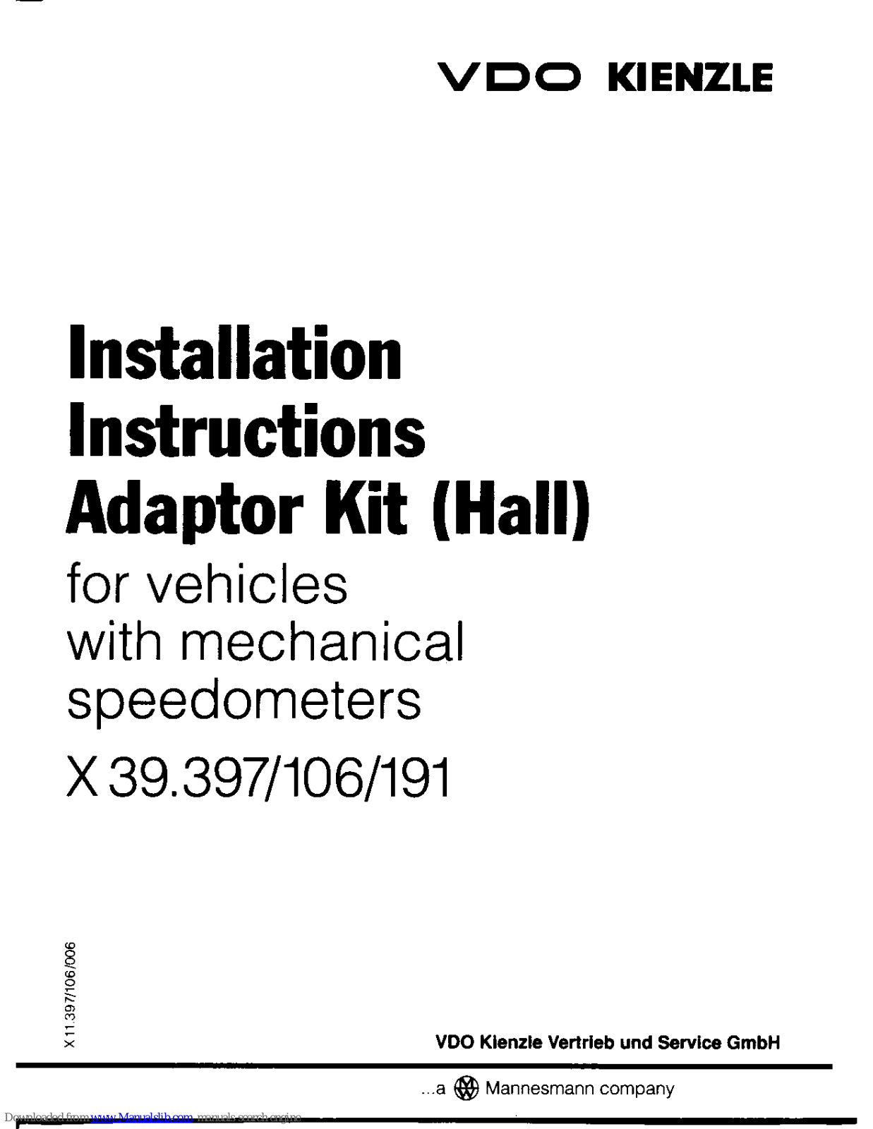 VDO ADAPTOR KIT X39.106, ADAPTOR KIT X39.191, ADAPTOR KIT X39.397, X39.379, X39.106 User Manual