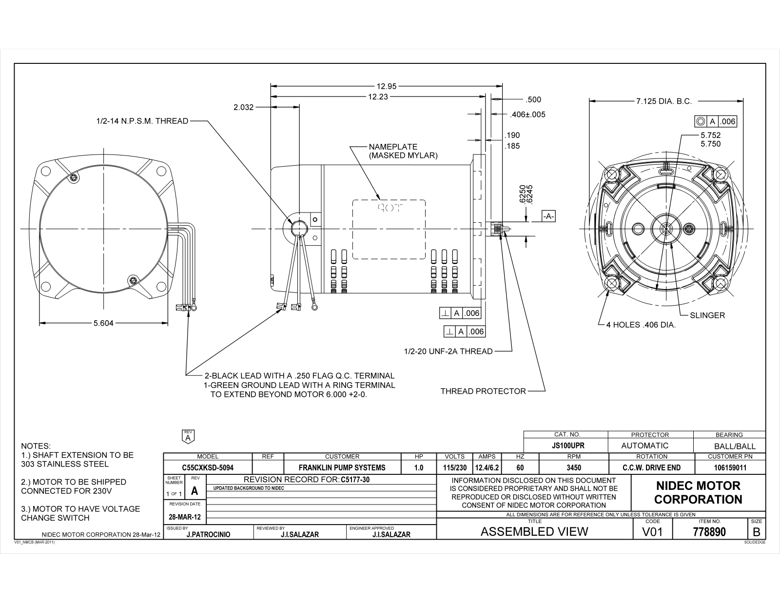 US Motors JS100UPR Dimensional Sheet