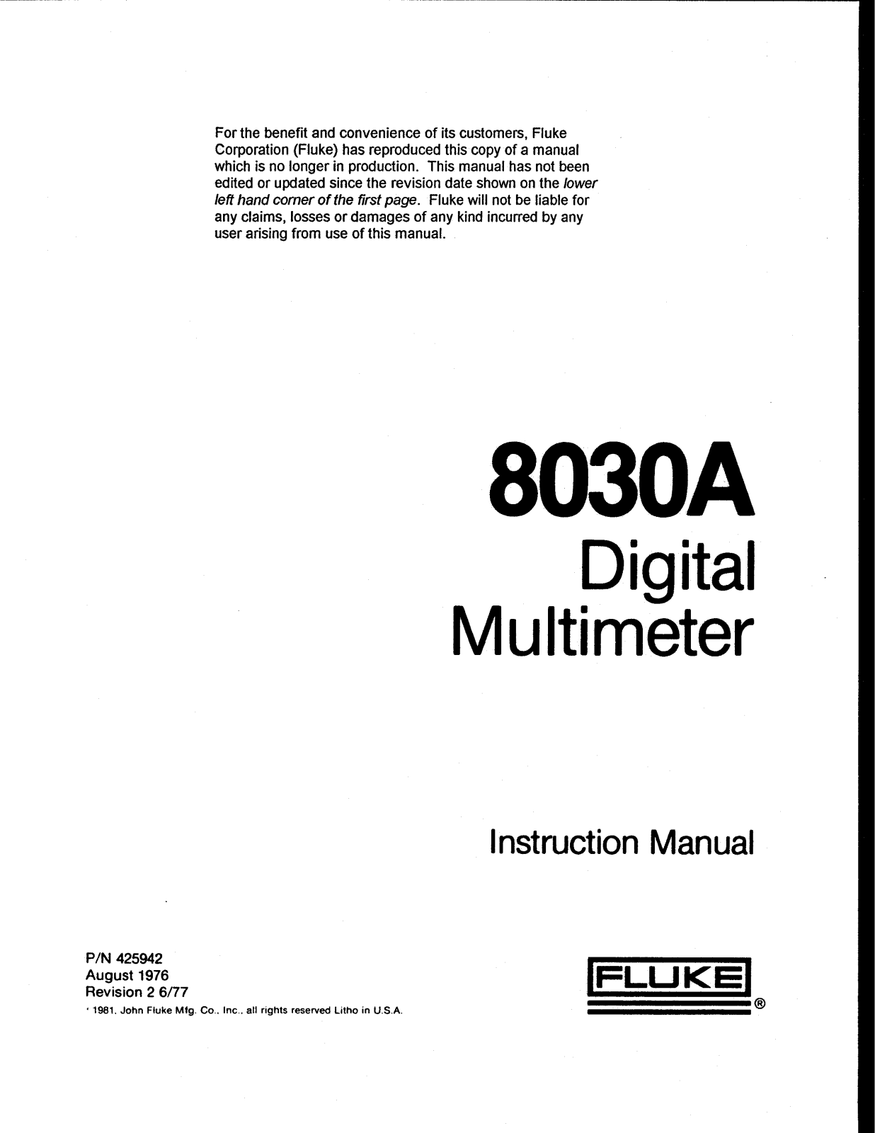 Fluke 8030A Service manual