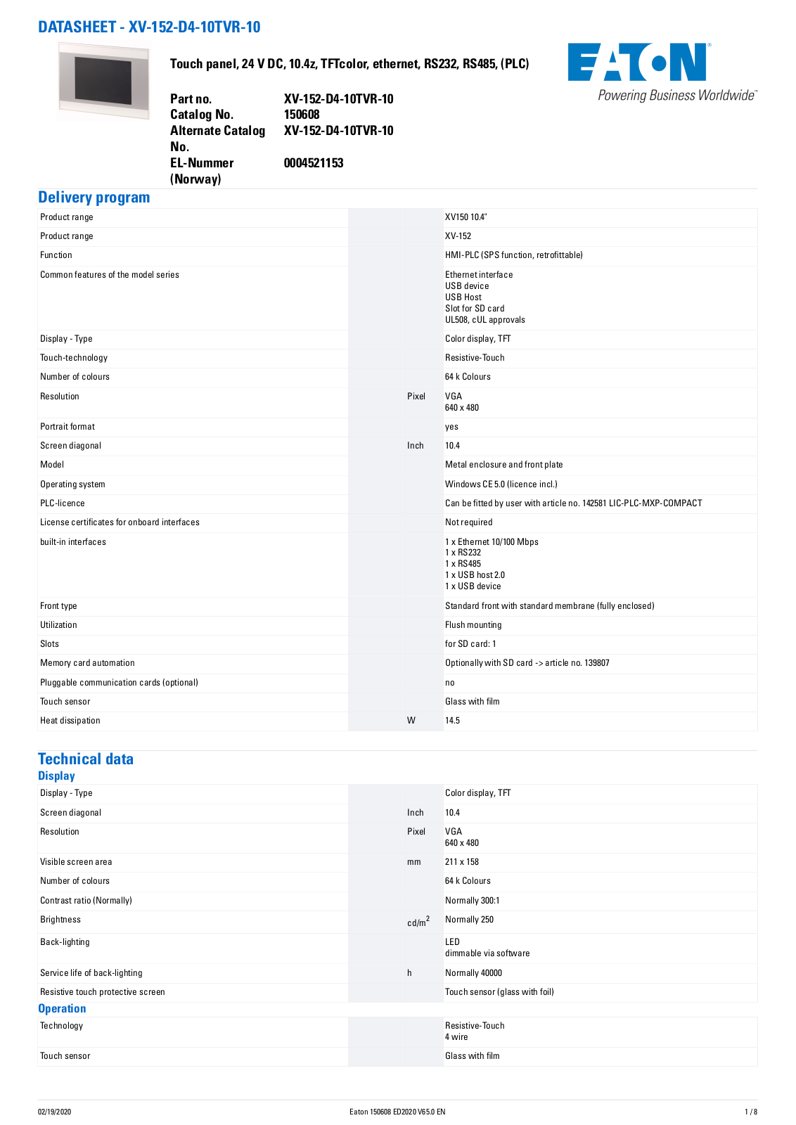 Cutler Hammer, Div of Eaton Corp XV-152-D4-10TVR-10 Data Sheet