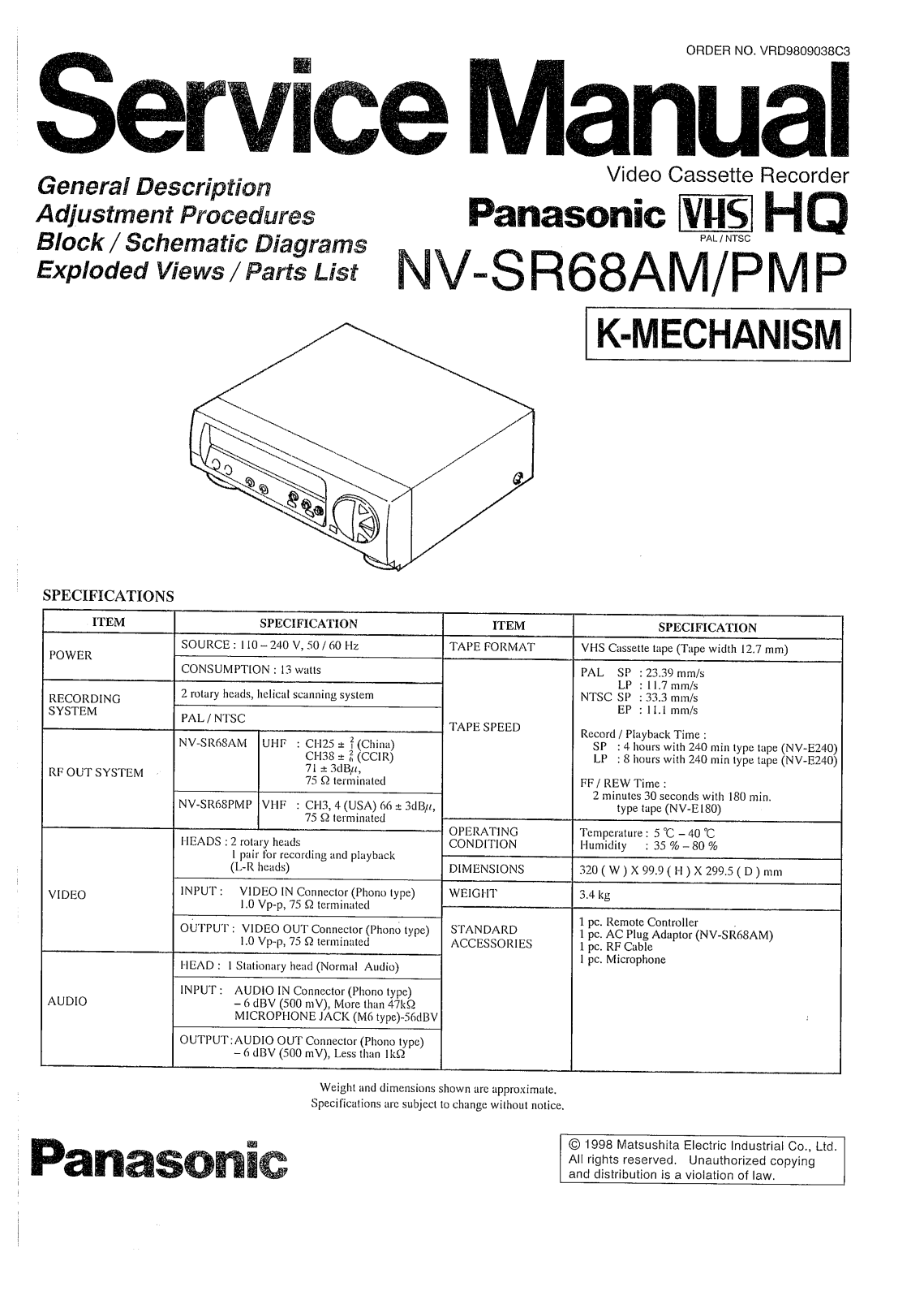 PANASONIC NV-SR68 Service Manual