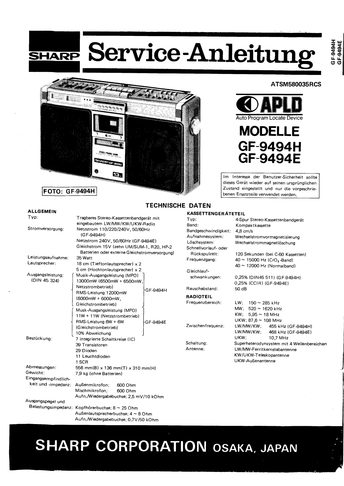 Sharp GF-9494H, GF-9494E Schematic