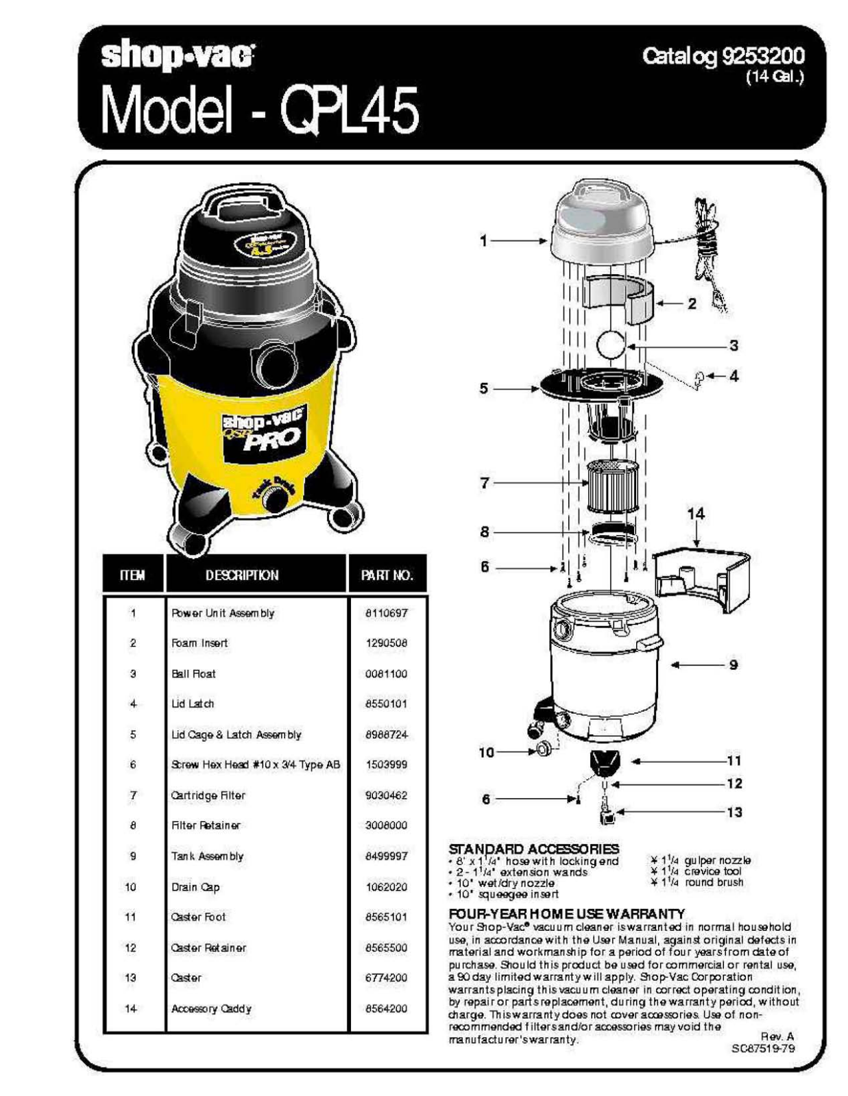 Shop Vac Qpl45 Owner's Manual