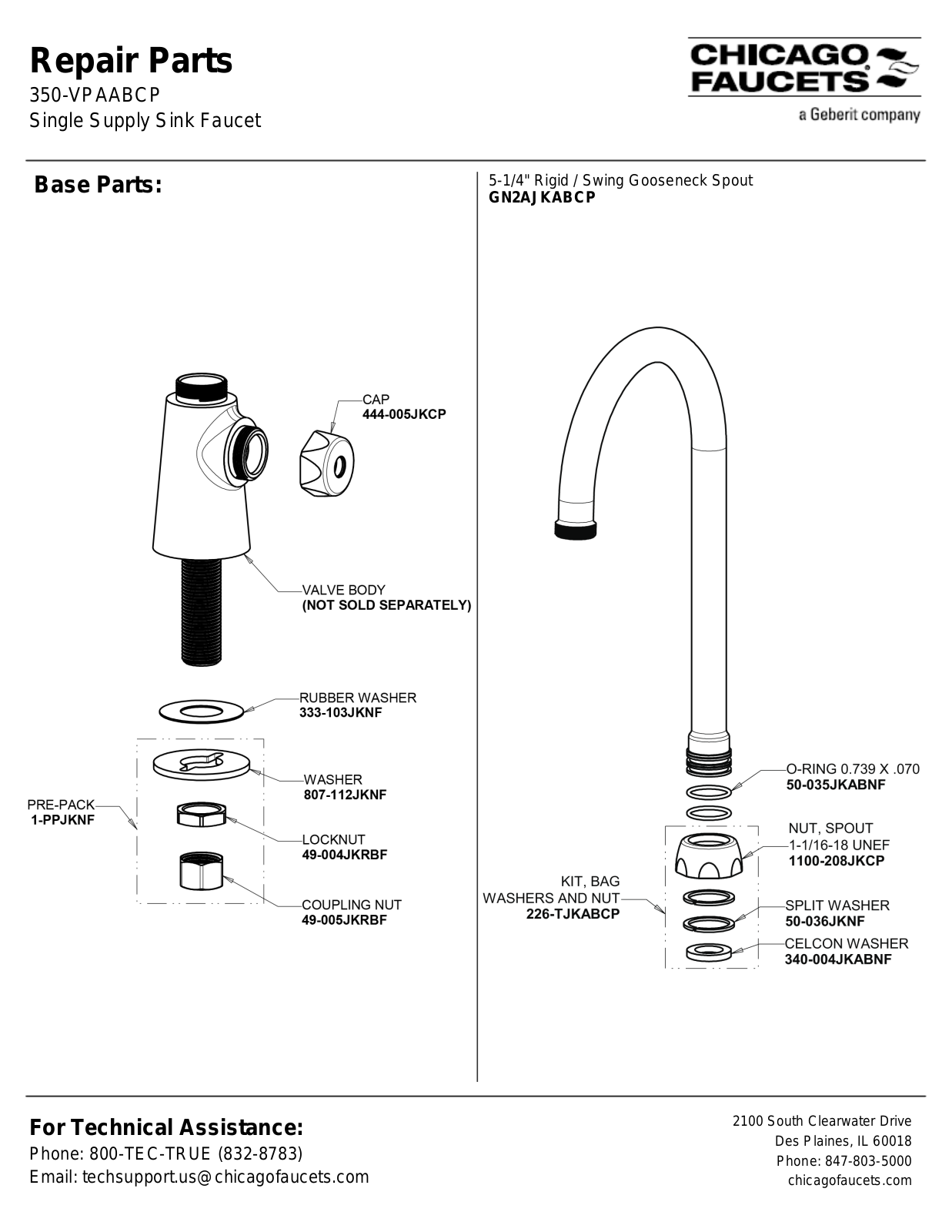 Chicago Faucet 350-VPAABCP Parts List