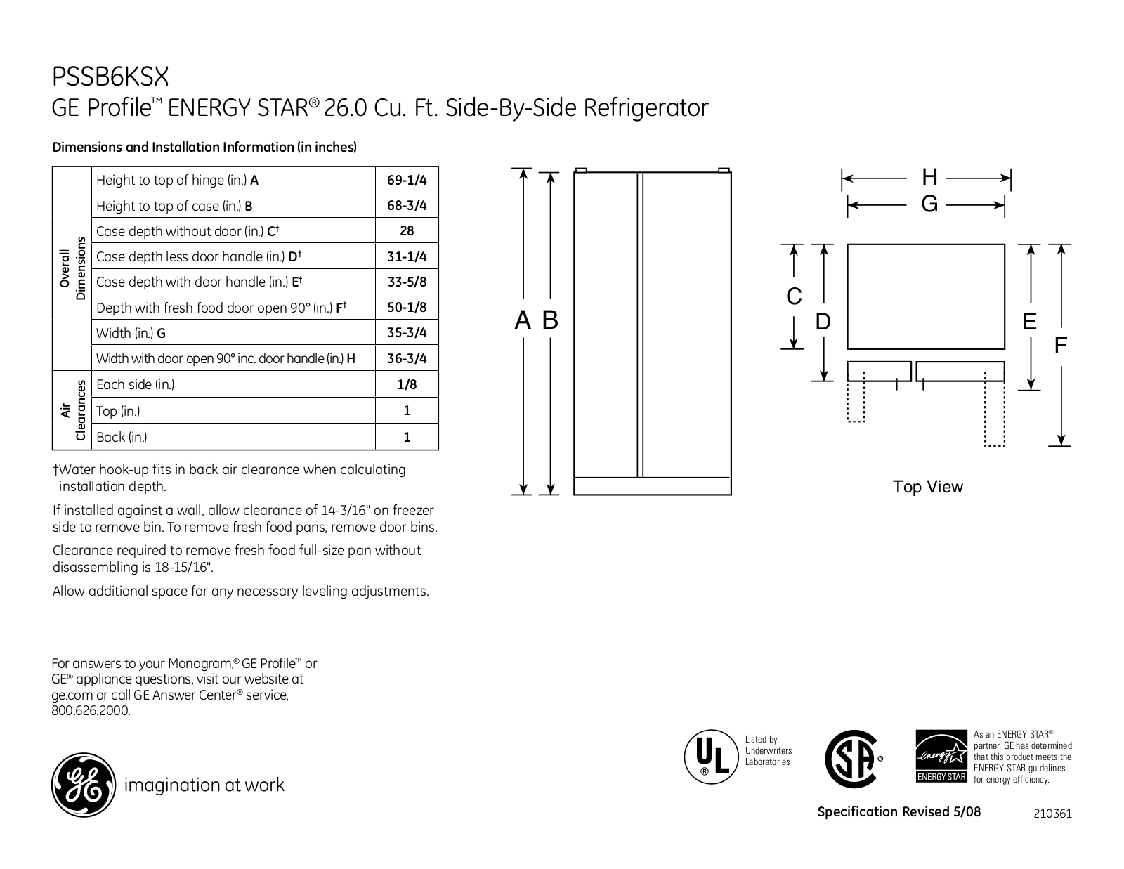 GE PSSB6KSX Specification