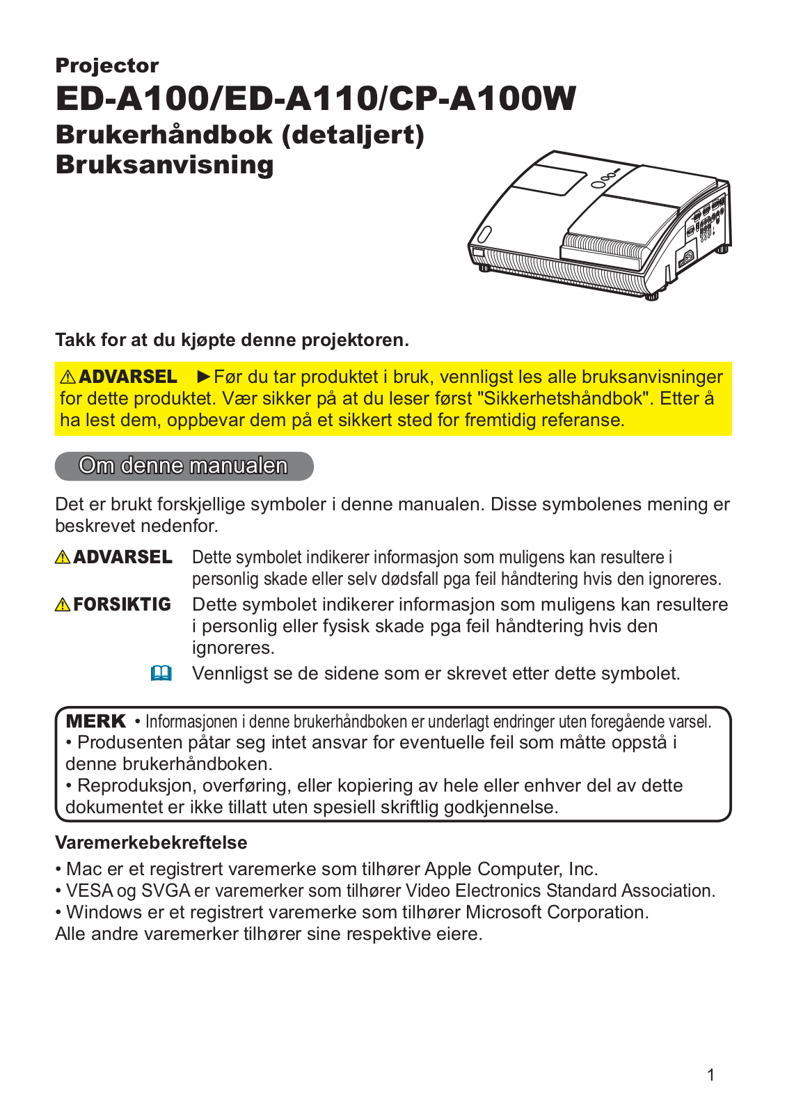 Hitachi ED-A110, CP-A100W, ED-A100 User Manual