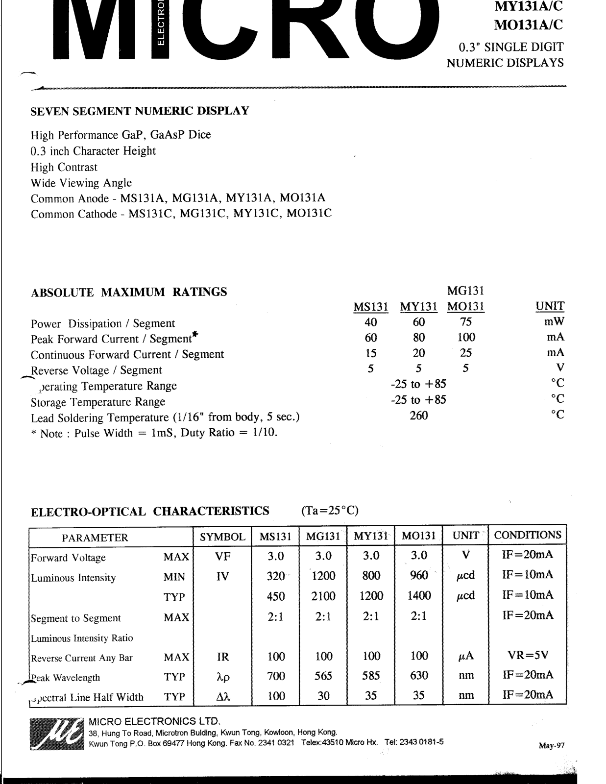 MICRO MO131C, MY131A, MY131C, MO131A Datasheet