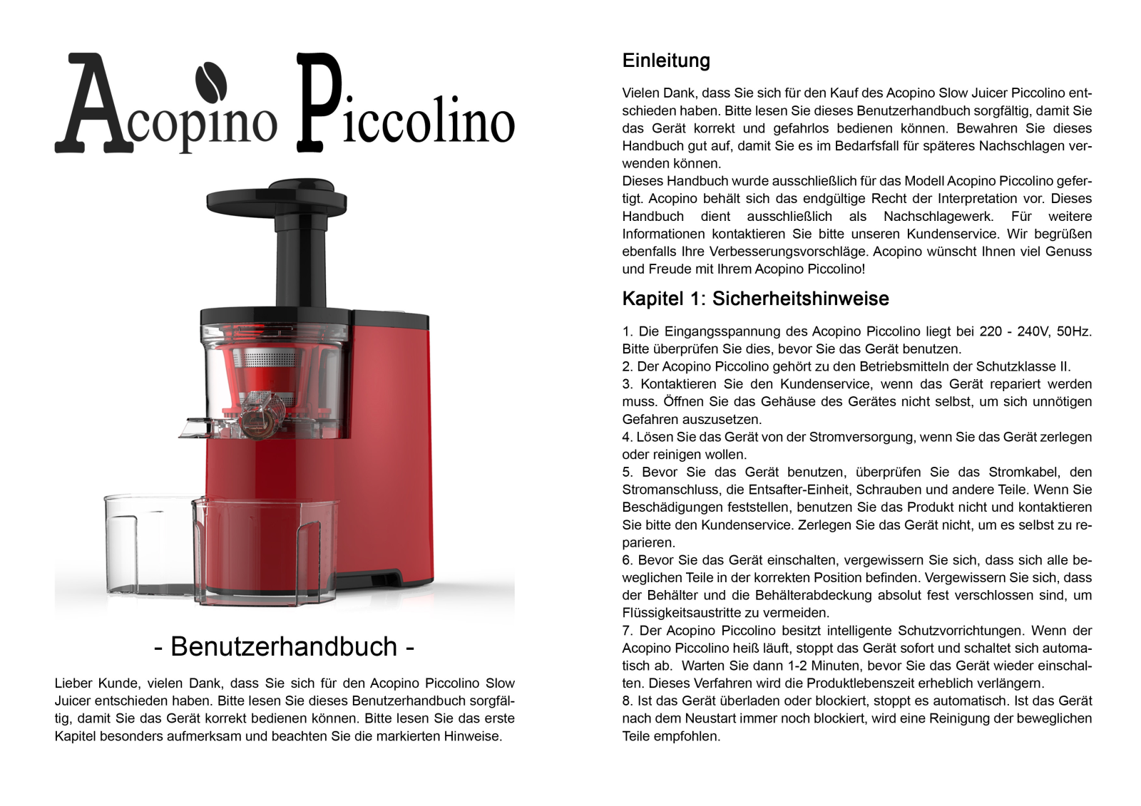 Acopino Piccolino operation manual