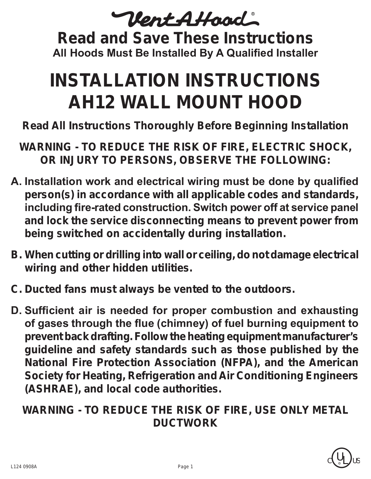 Vent-a-Hood AH12 Installation Instructions Manual