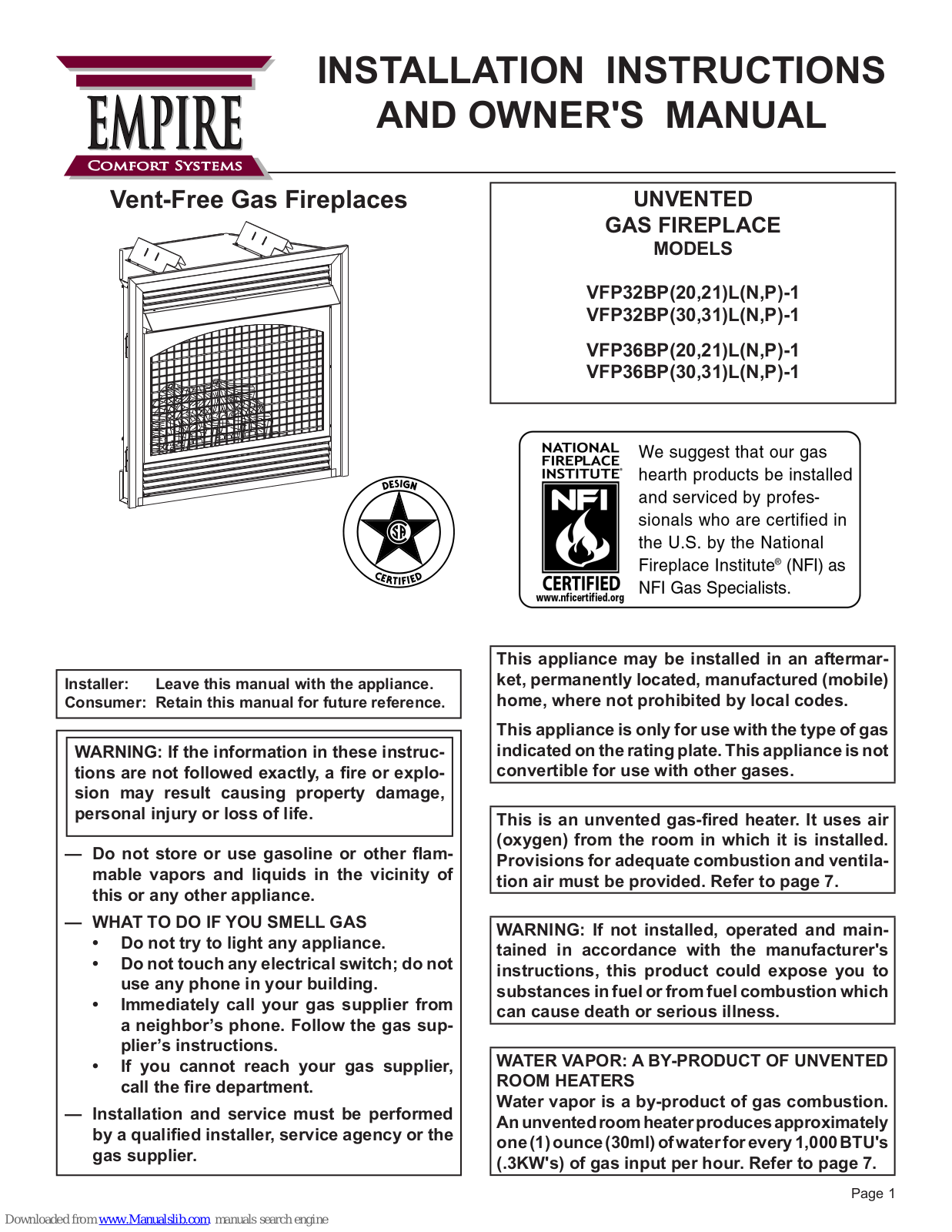 Empire Comfort Systems VFP32BP20LN-1, VFP36BP, VFP32BP21LN-1, VFP32BP30LP-1, VFP32BP31LP-1 Owner's Manual