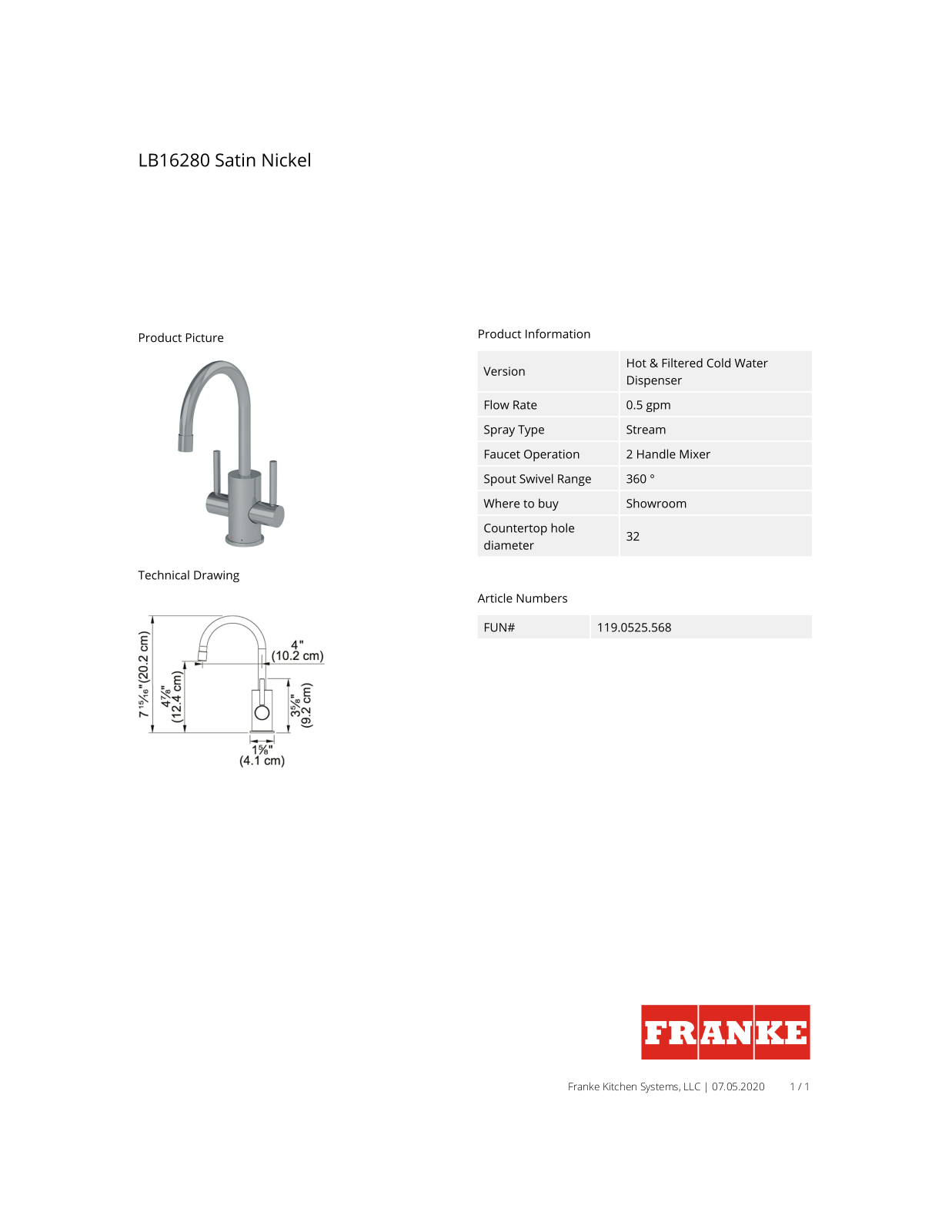 Franke LB16280 Specification Sheet