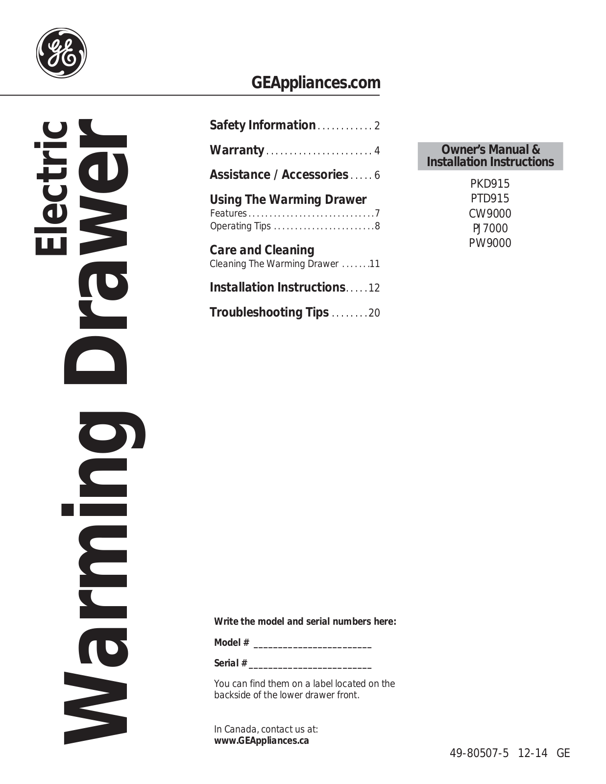 Cafe CW9000SJSS Installation manual