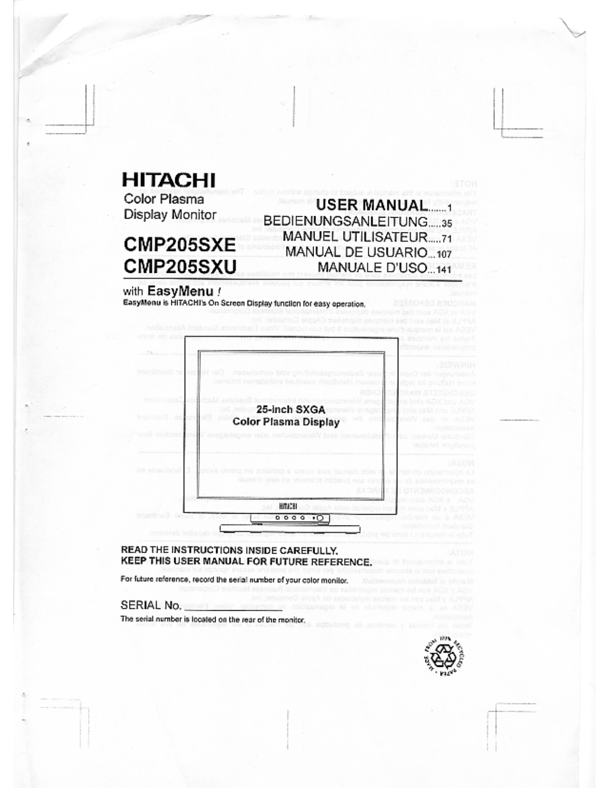 Hitachi CMP205SXU, CMP205SXE User Manual