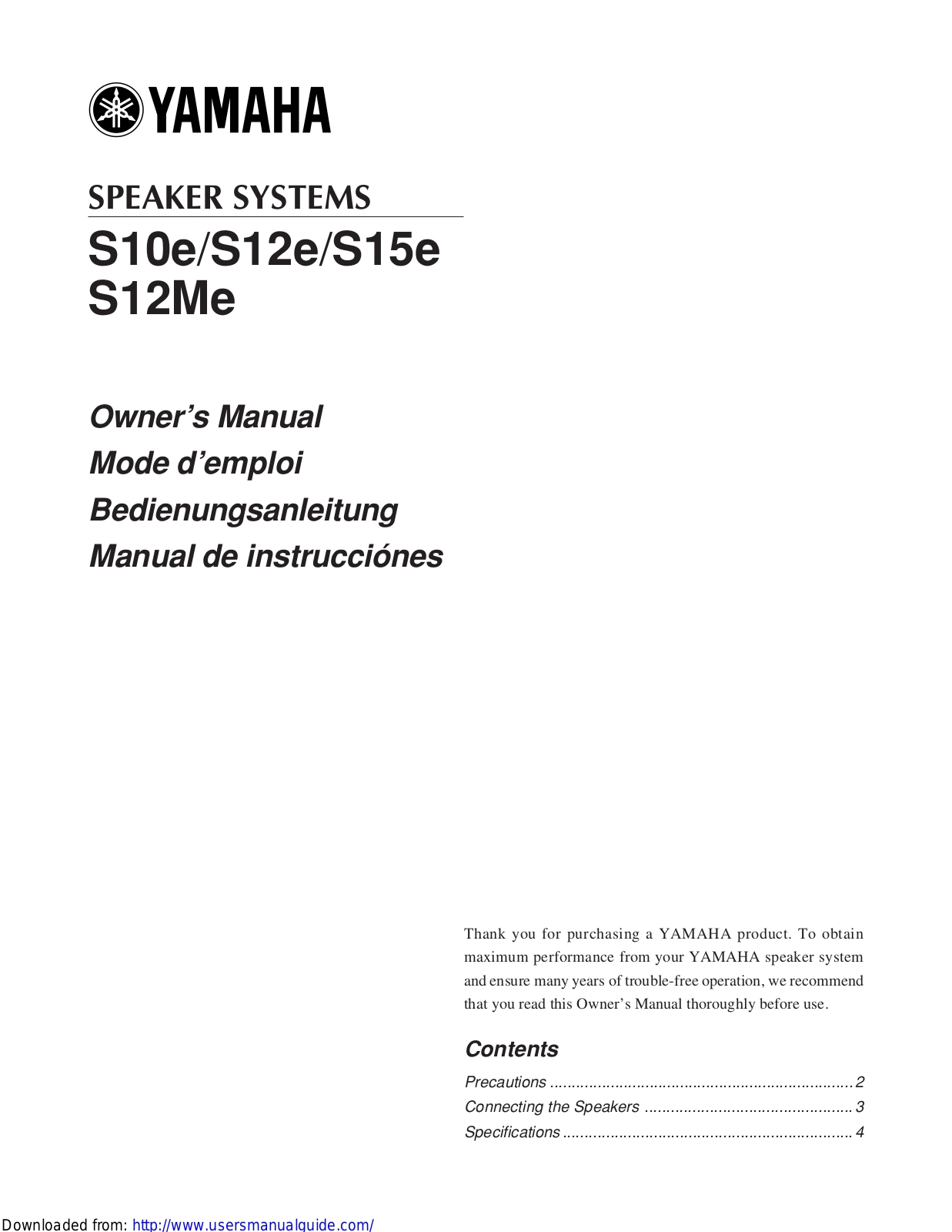 Yamaha Audio S15e, S12Me, S12e, S10e User Manual