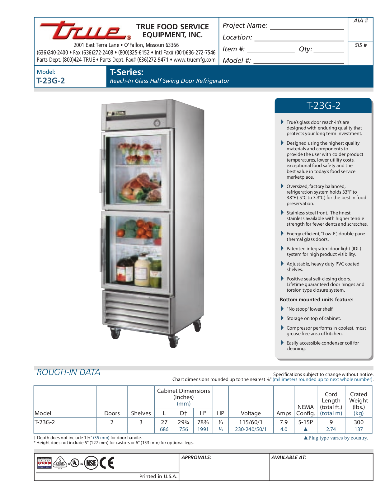 True T-23G-2 Specifications