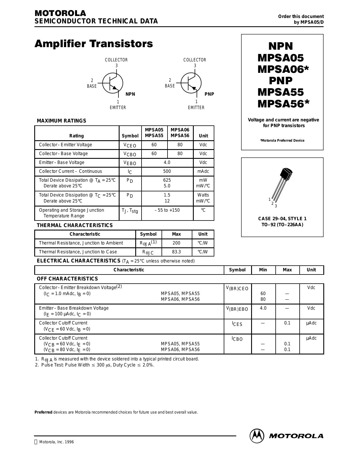 Motorola MPSA56, MPSA06 Datasheet