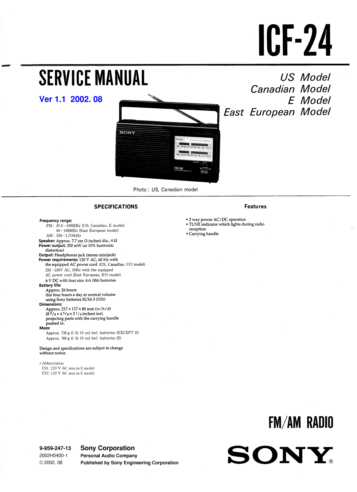 Sony ICF-24 Service manual