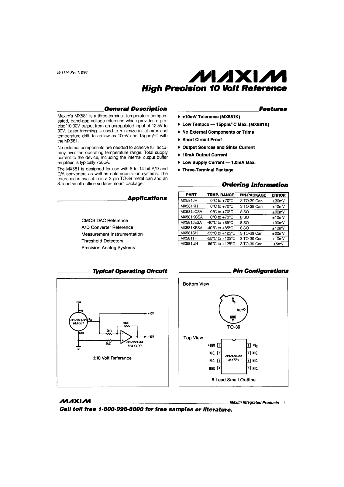 Maxim MX581JCSA, MX581JESA, MX581JN, MX581KCSA, MX581KESA Datasheet