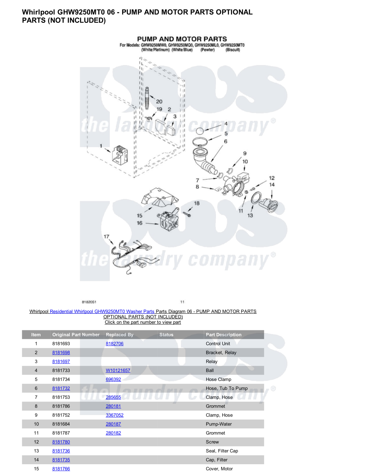 Whirlpool GHW9250MT0 Parts Diagram