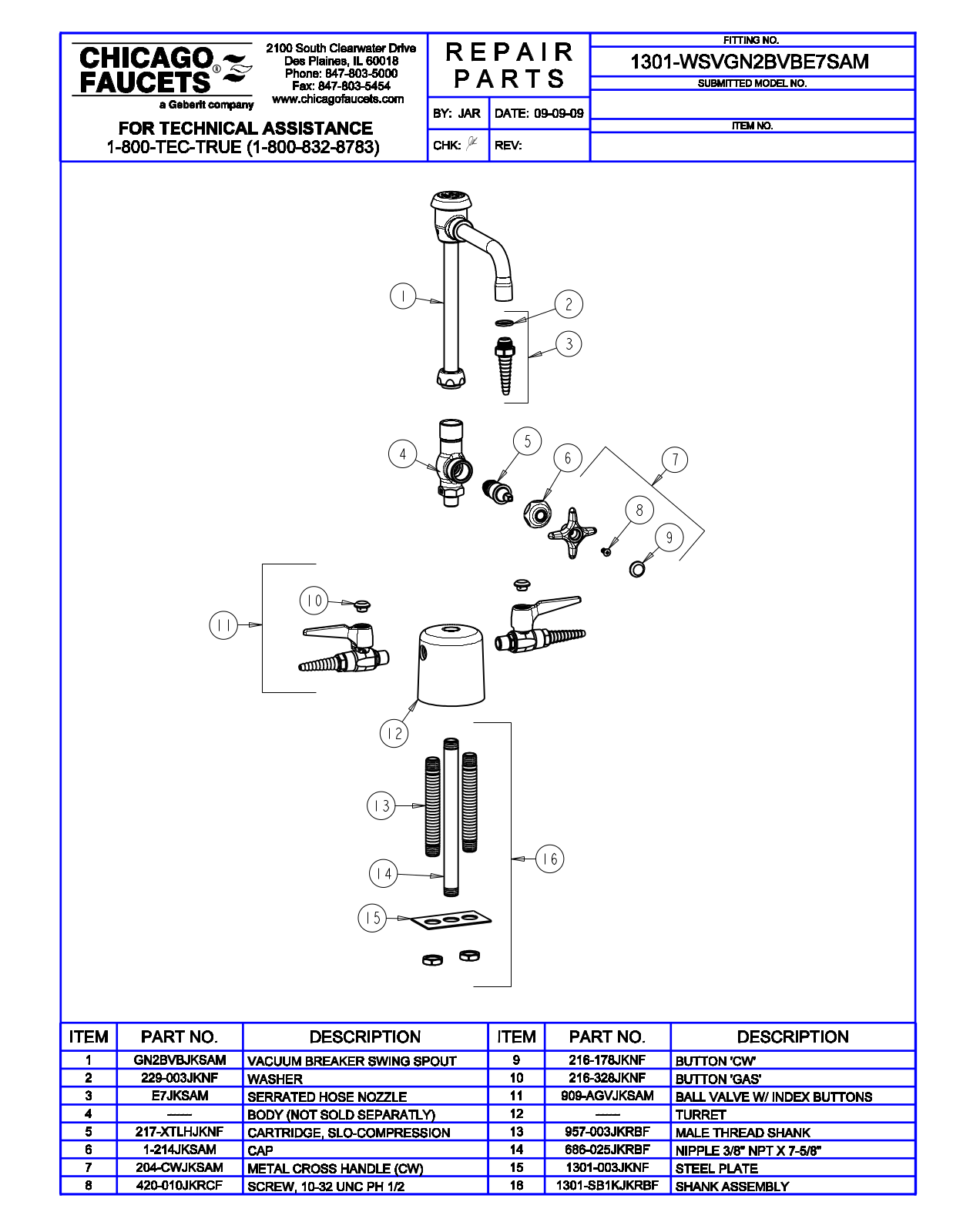 Chicago Faucet 1301-WSVGN2BVBE7SAM Parts List