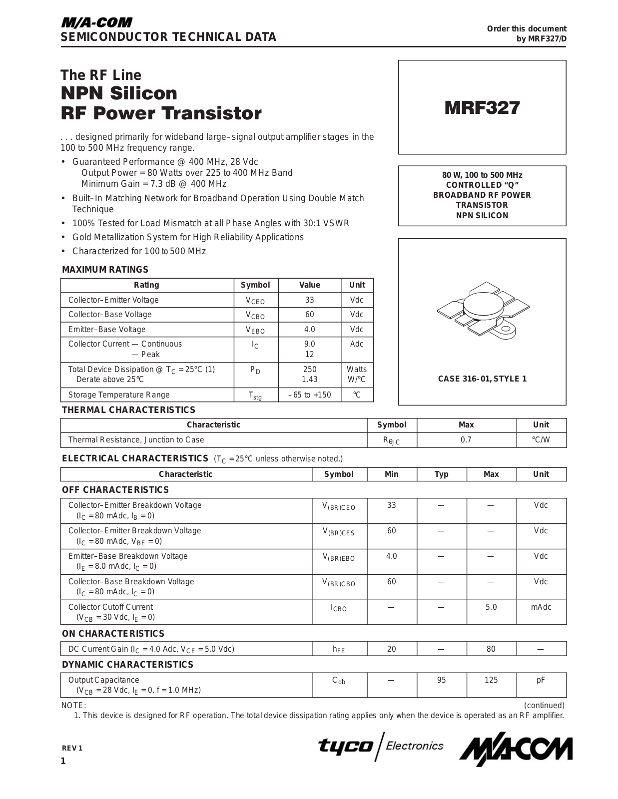 M A COM MRF327 Datasheet