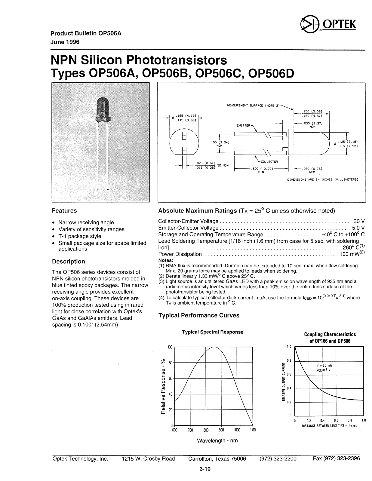 OPTEK OP506C, OP506D, OP506B, OP506A Datasheet