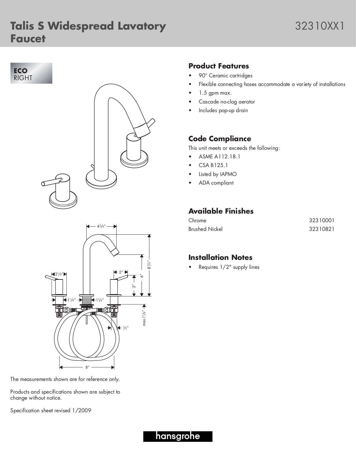 Hans Grohe 32310001, Talis S 32310XX1, 32310821 User Manual