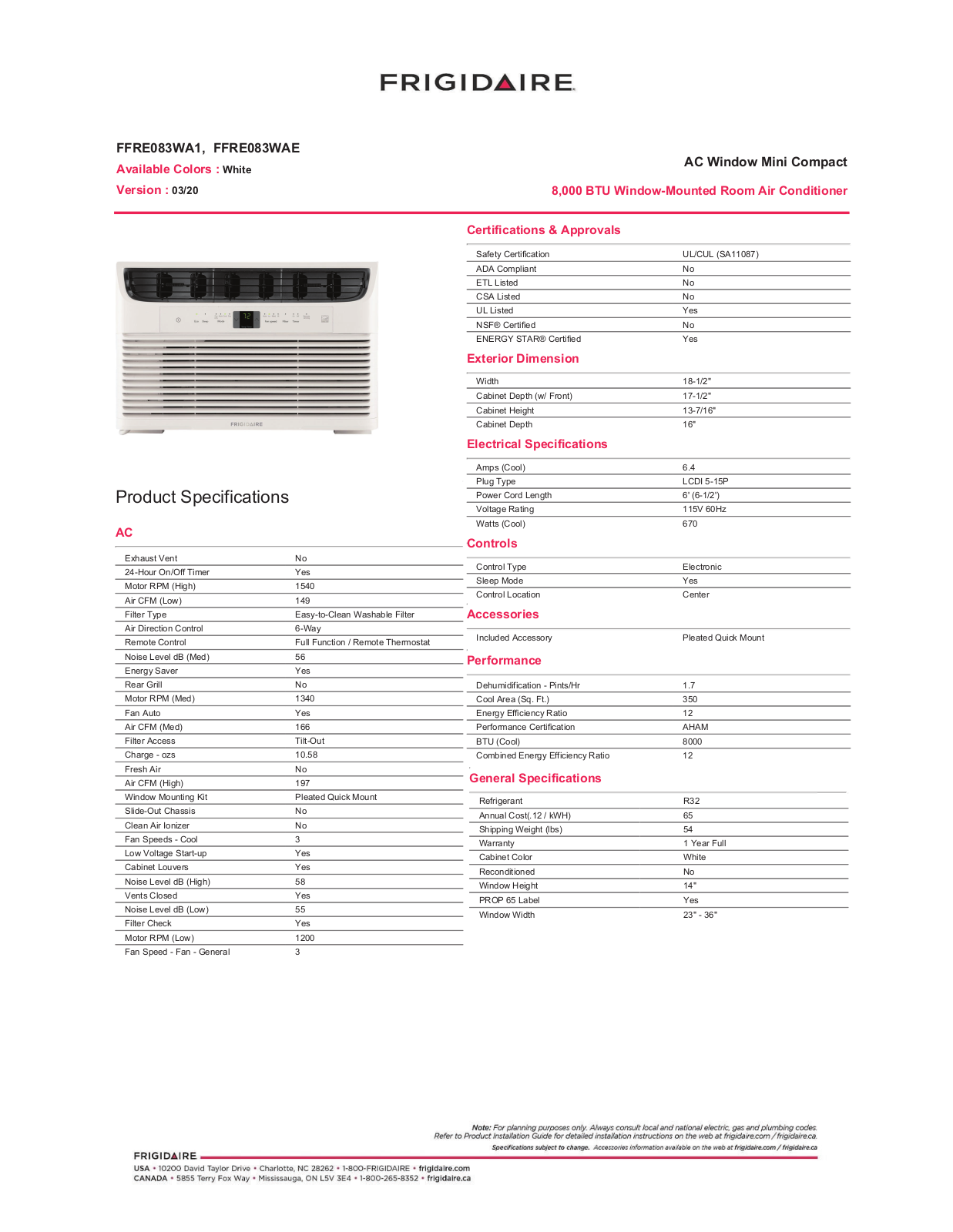 Frigidaire FFRE083WA1, FFRE083WAE Specification Sheet