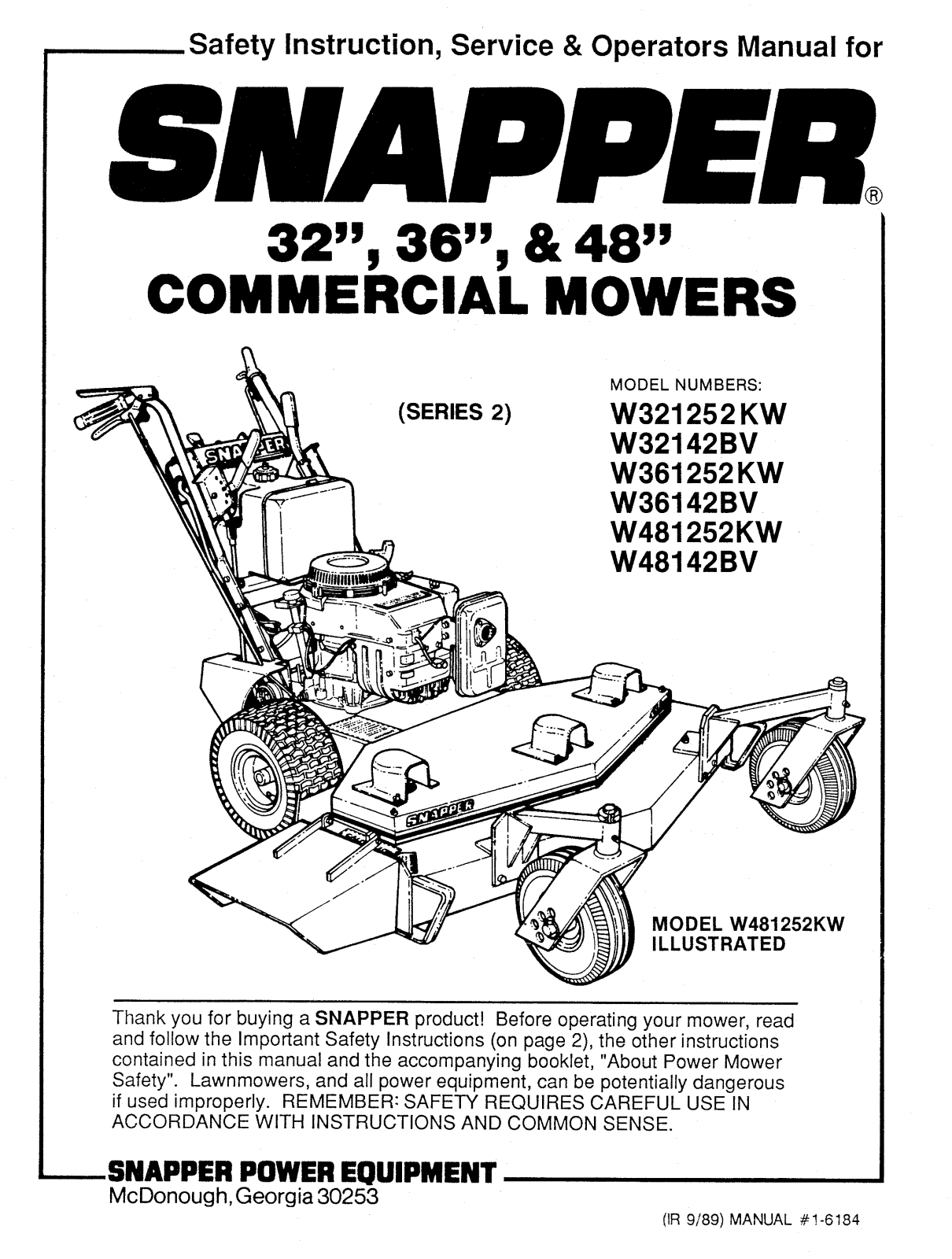 Snapper W321252KW, W361252KW, W48142BV, W32142BV, W36142BV User Manual