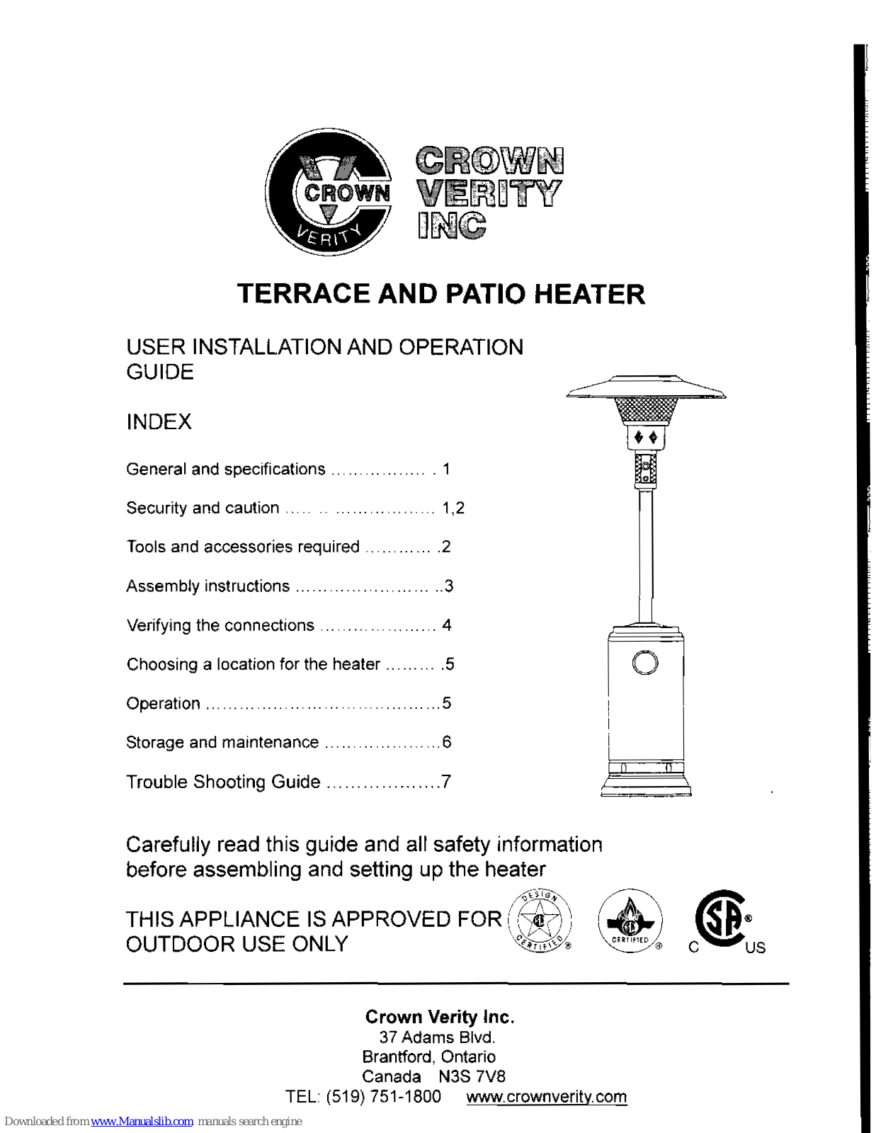 CROWN VERITY Terrace and Patio Heater User Installation And Operation Manual