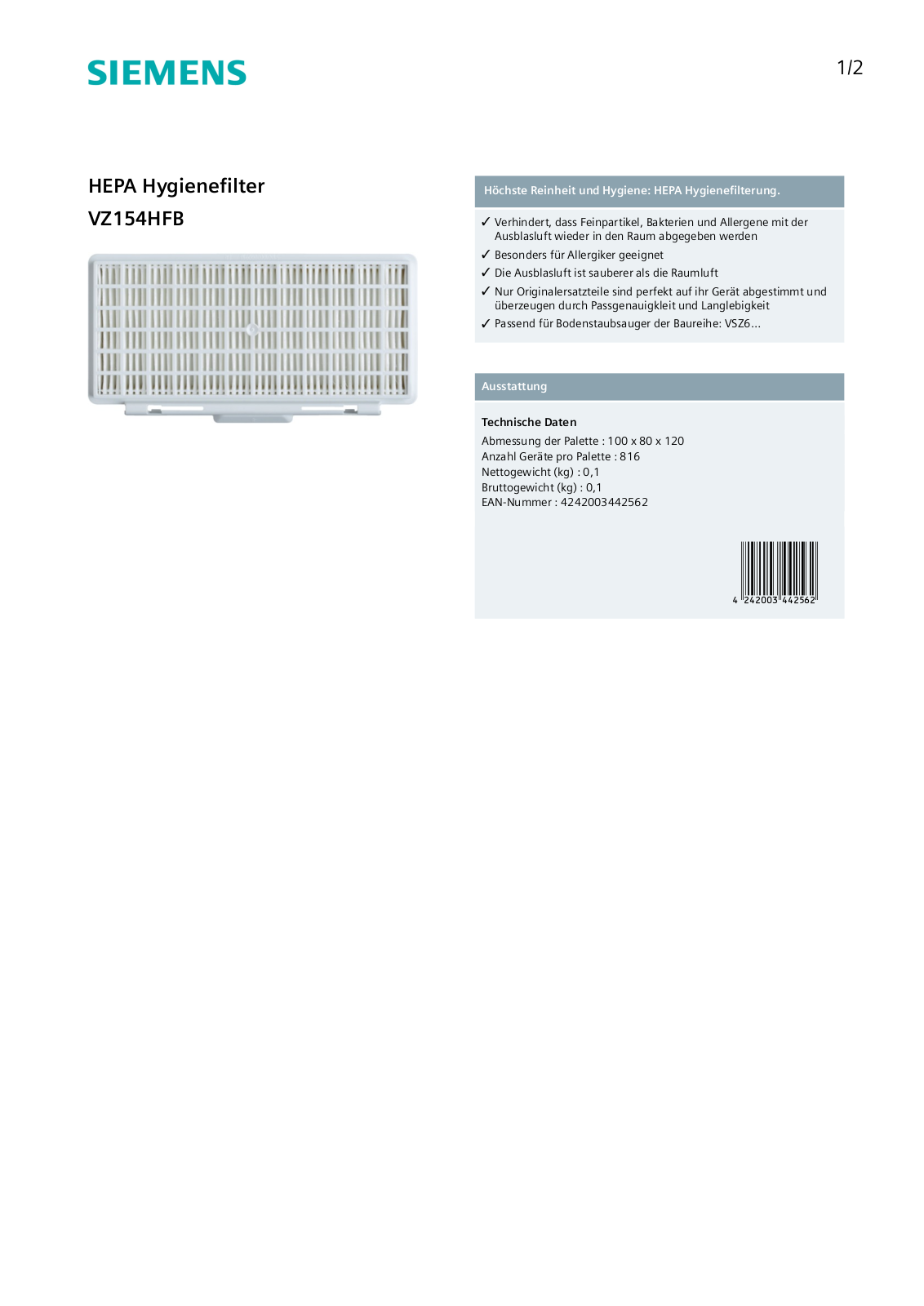 Siemens VZ154HFB User Manual