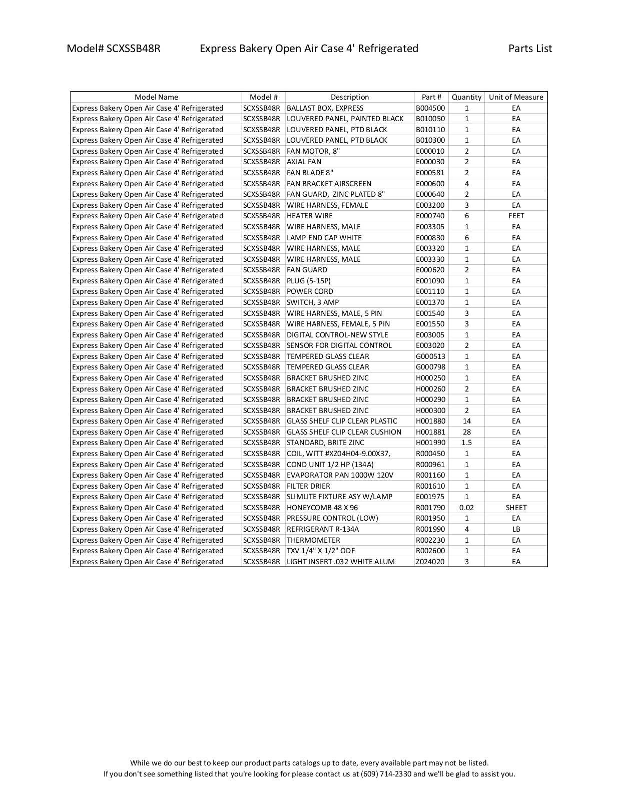 RPI Industries SCXSSB48R Parts List