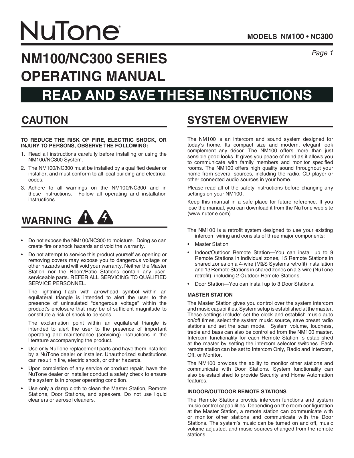 NuTone NM100, NC300 User Manual