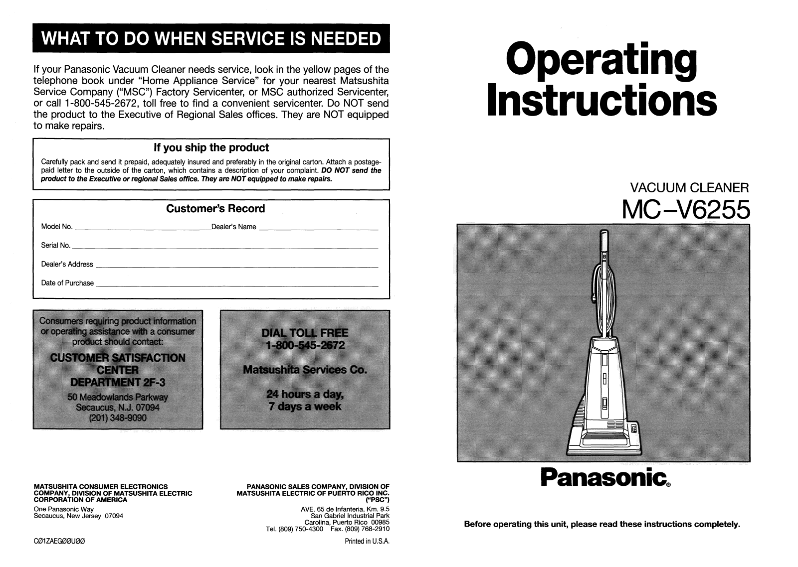 Panasonic mcv6255 Operation Manual