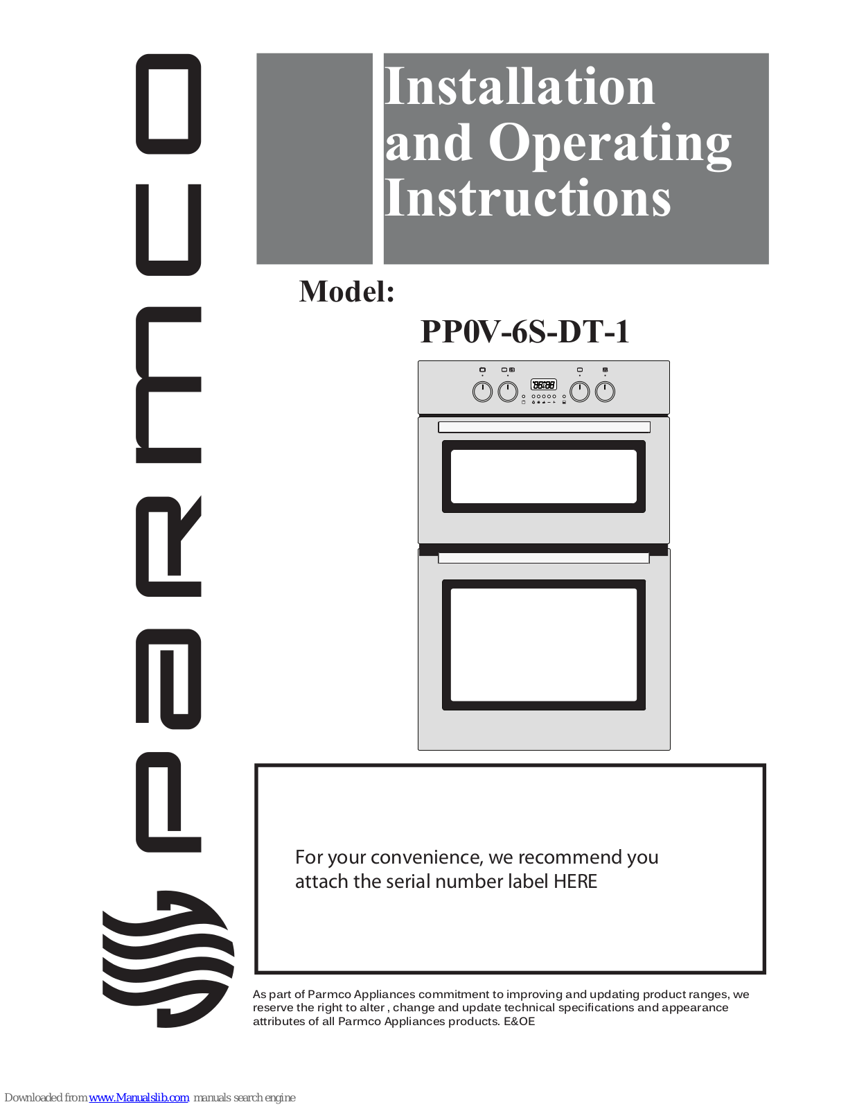 Parmco PP0V-6S-DT-1 Installation And Operating Instructions Manual