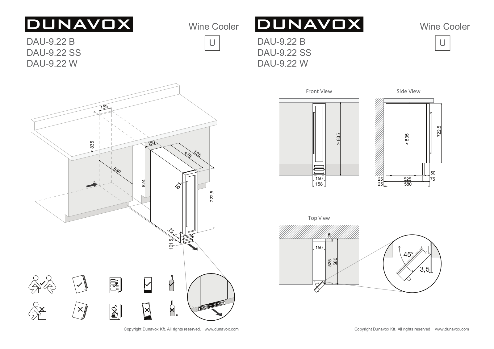 Dunavox DAU-9.22 B, DAU-9.22 SS, DAU-9.22 W Dimensions