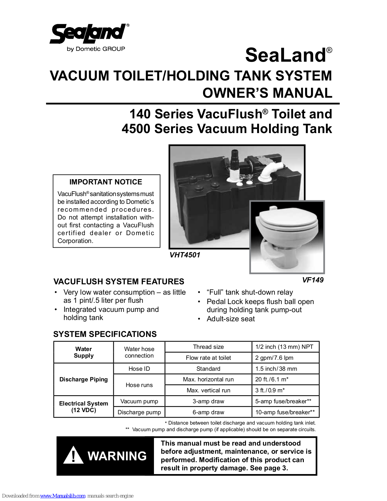 SeaLand VHT4501,VacuFlush 140 Series,4500 Series,VHT4502,VHT4511,VacuFlush 147,VacuFlush 148,VacuFlush 149 Owner's Manual