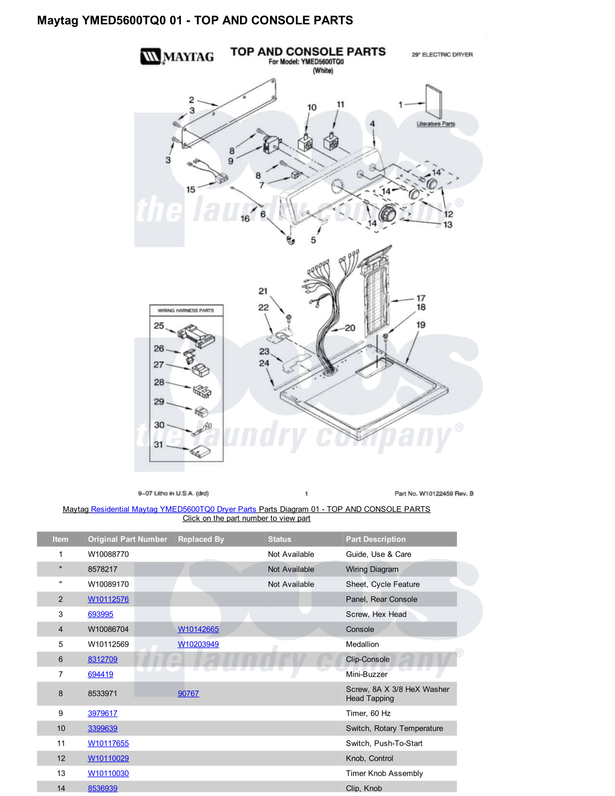 Maytag YMED5600TQ0 Parts Diagram