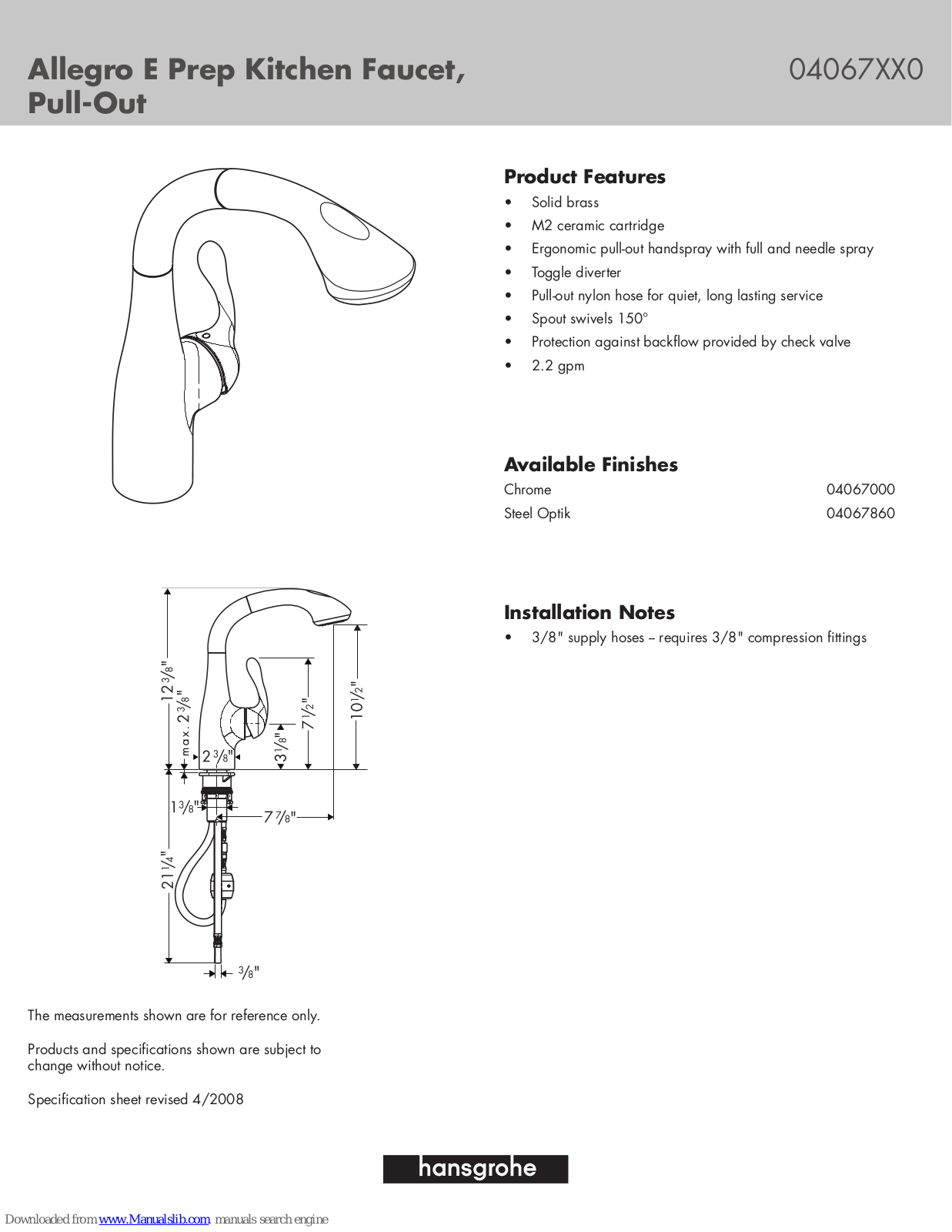 Hansgrohe Allegro E Prep Kitchen Faucet Pull-Out, 04067000, 04067860 Specification Sheet