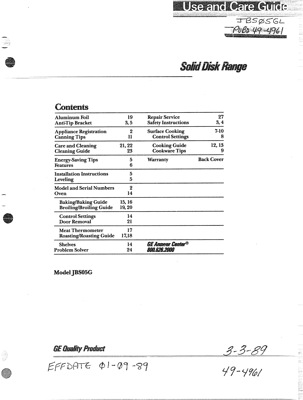 GE JBS05GL Use and Care Manual