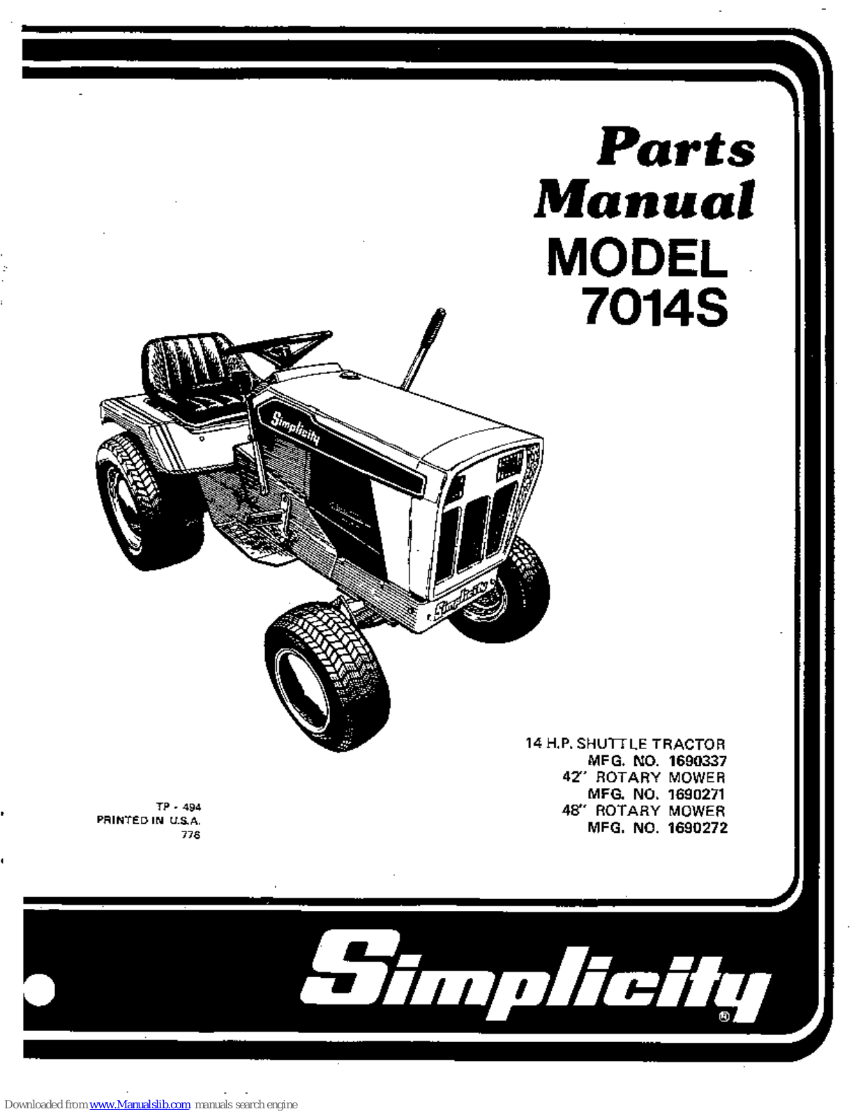 Simplicity 7014S,1690337,1690271,1690272 Parts Manual