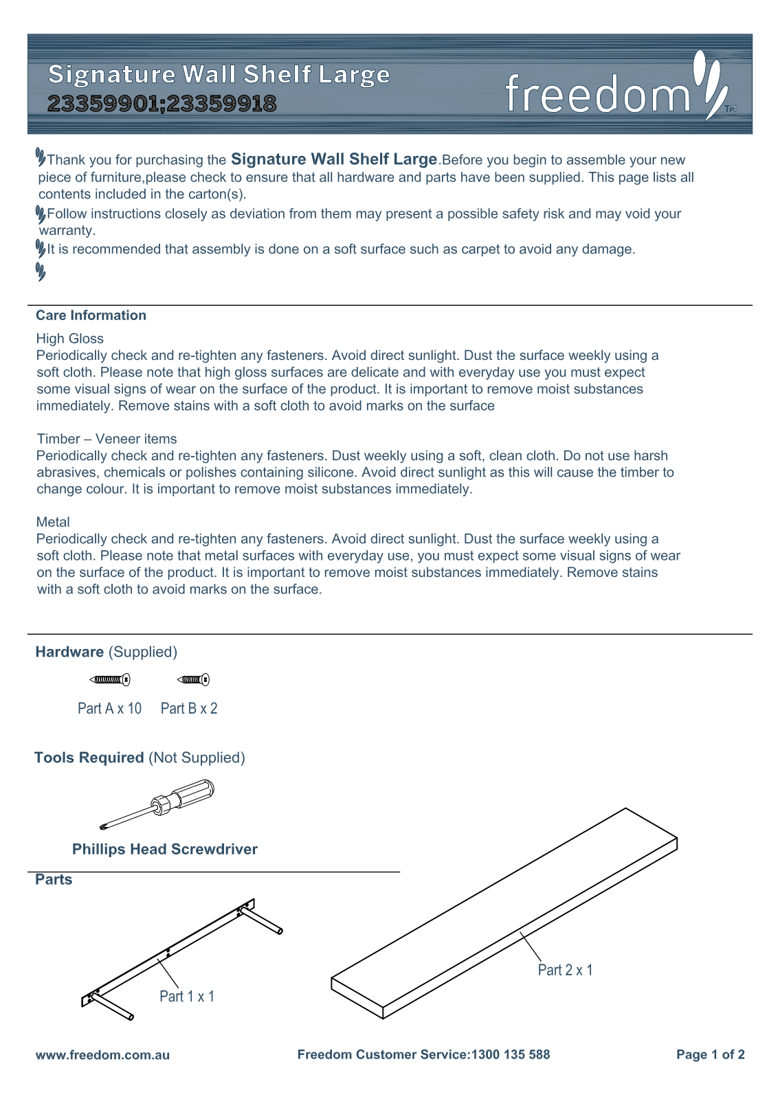 Freedom Signature Wall Shelf Large Assembly Instruction