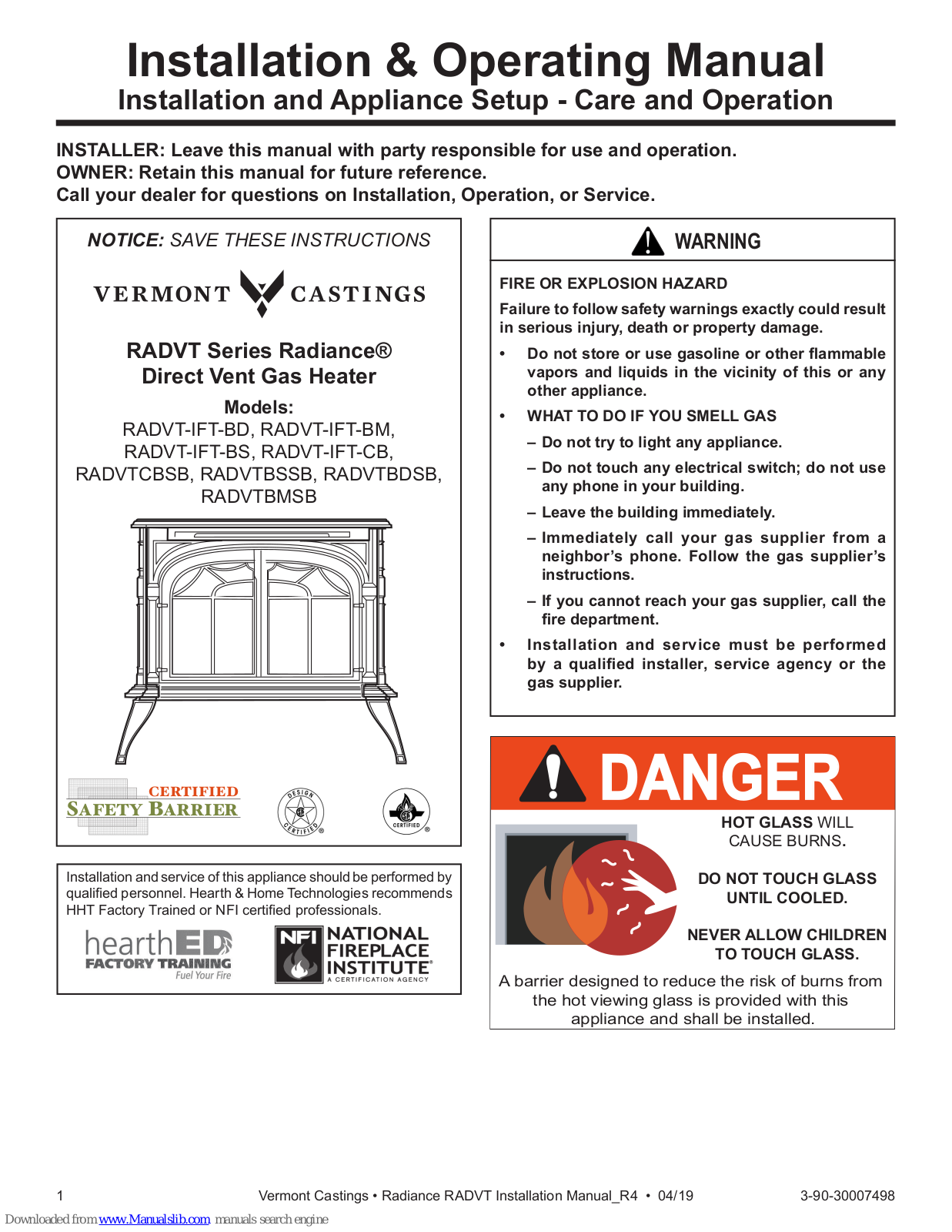 Vermont Castings Radiance RADVT-IFT-BD, Radiance RADVT-IFT-BM, Radiance RADVTBSSB, Radiance RADVTCBSB, Radiance RADVTBDSB Installation & Operating Manual